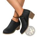 Black leather ankle boot with textured tan block heel and side zipper closure shown from the back side