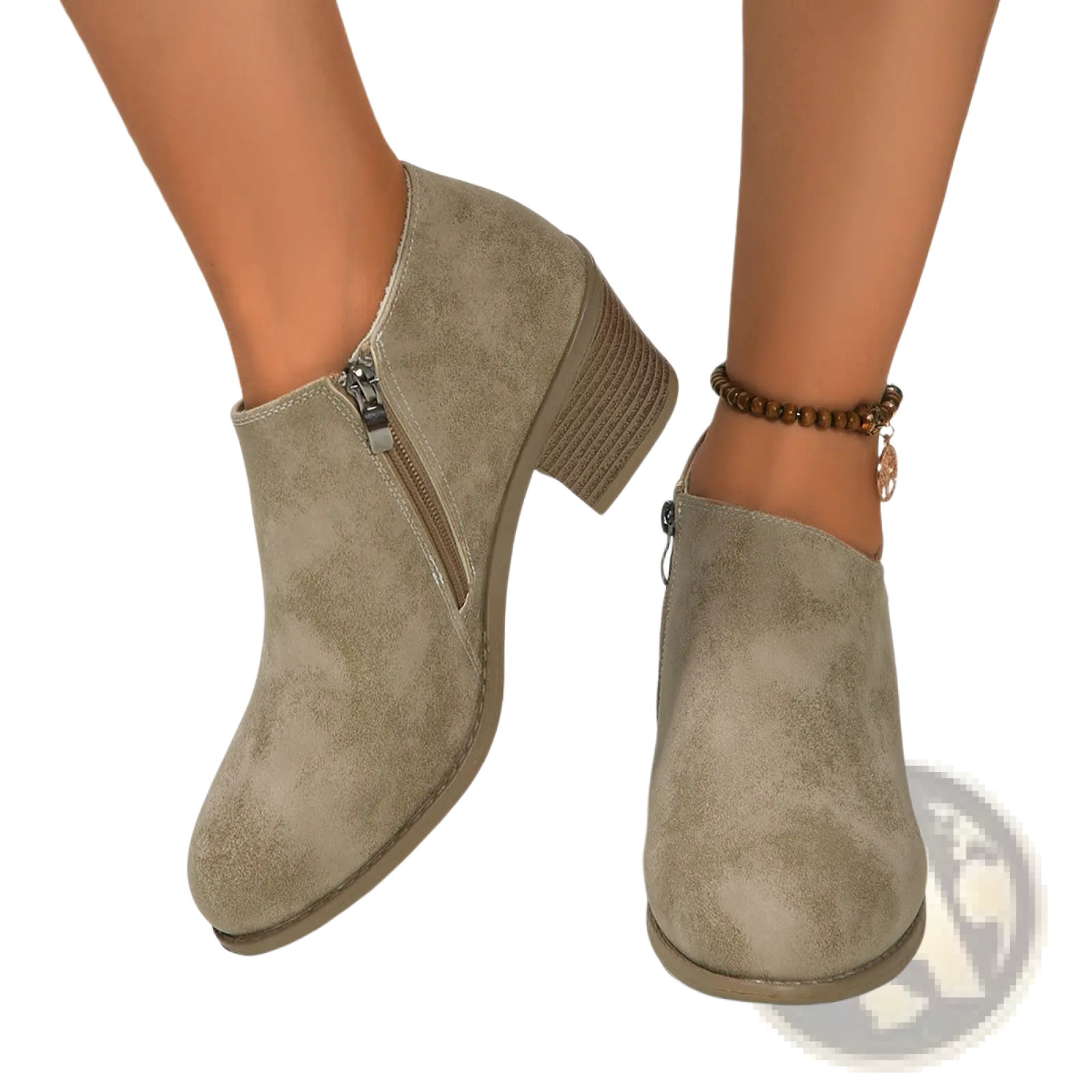 Beige suede ankle boots with chunky low block heel and side zipper for stylish casual wear