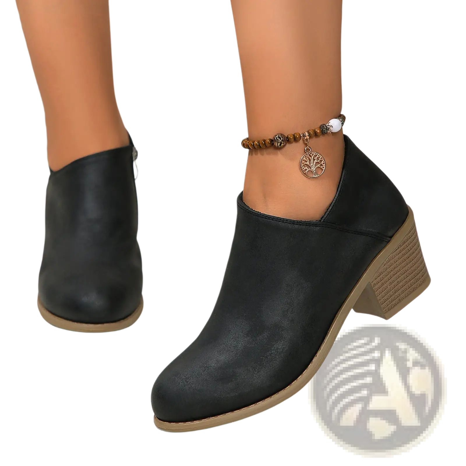 Black leather ankle boot with textured matte finish and light brown stacked chunky heel with side zipper visible