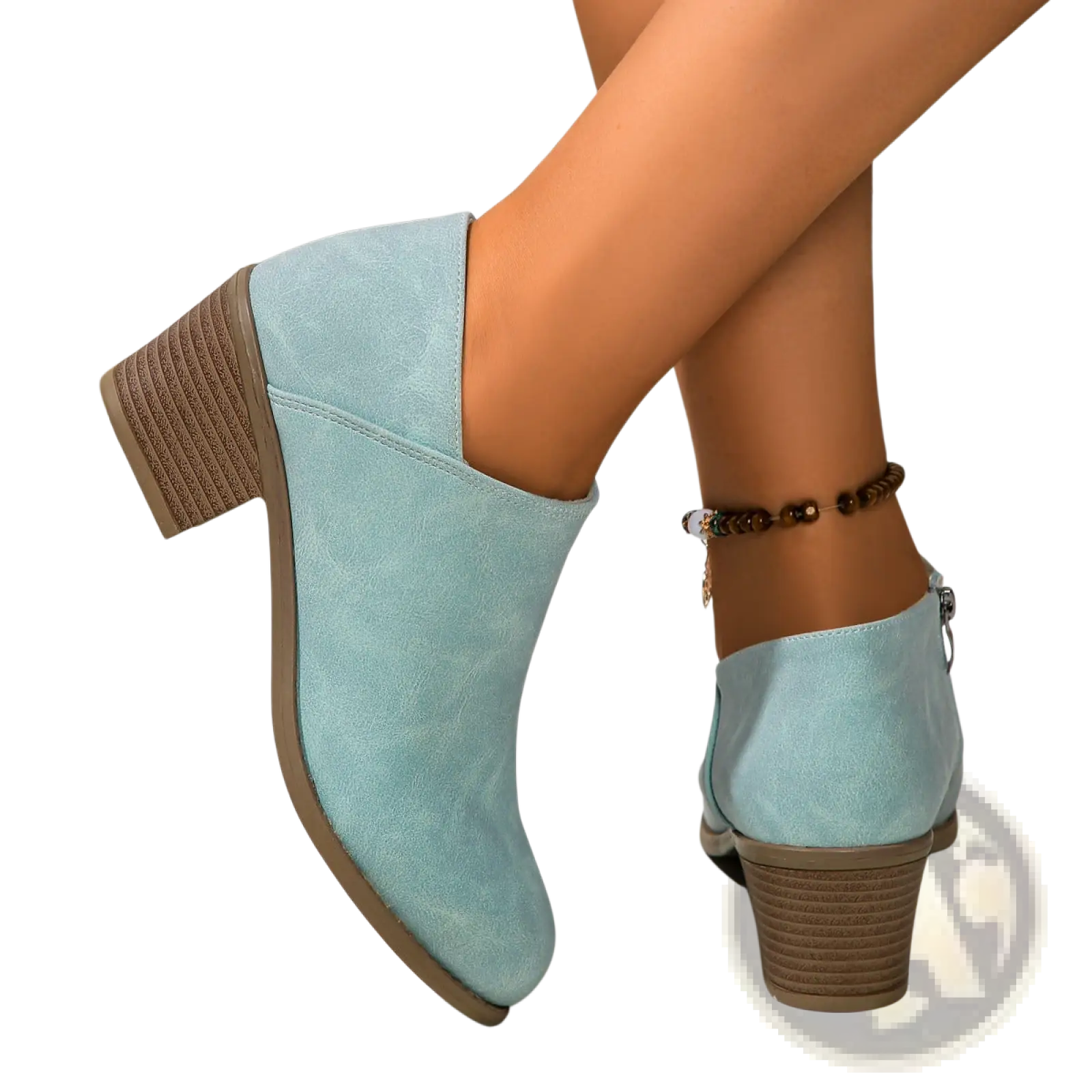 Light blue suede ankle boot with textured brown chunky block heel and side zipper closure for easy wear