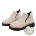 Beige suede ankle boots with chunky black rubber soles and gold side zippers for stylish casual wear