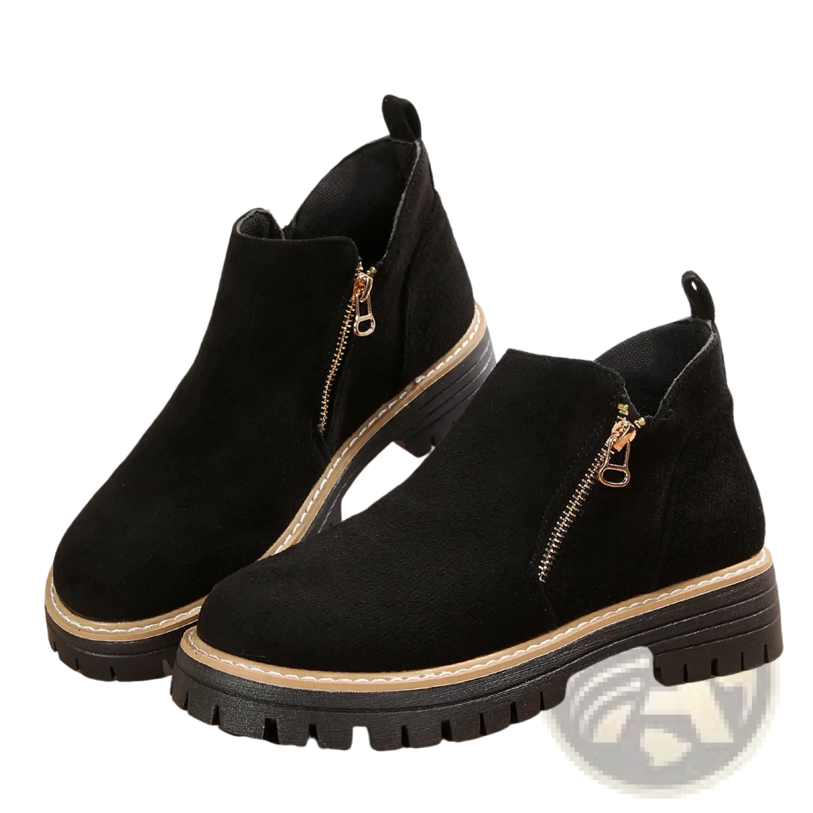Black suede ankle boots with side zipper and chunky two-tone rubber sole for stylish casual wear