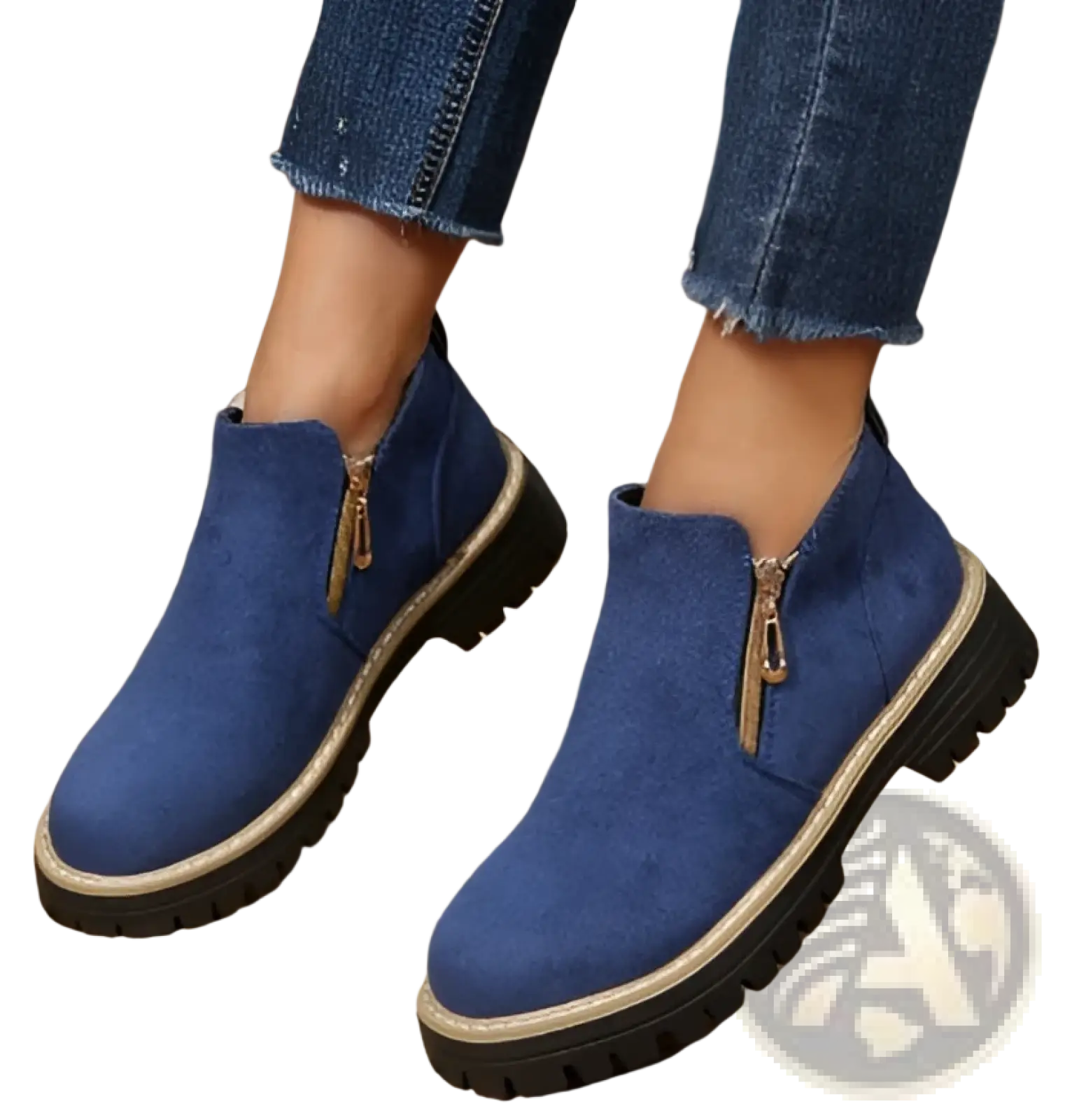 Blue suede ankle boots with side gold zipper and black chunky rubber sole for stylish casual wear