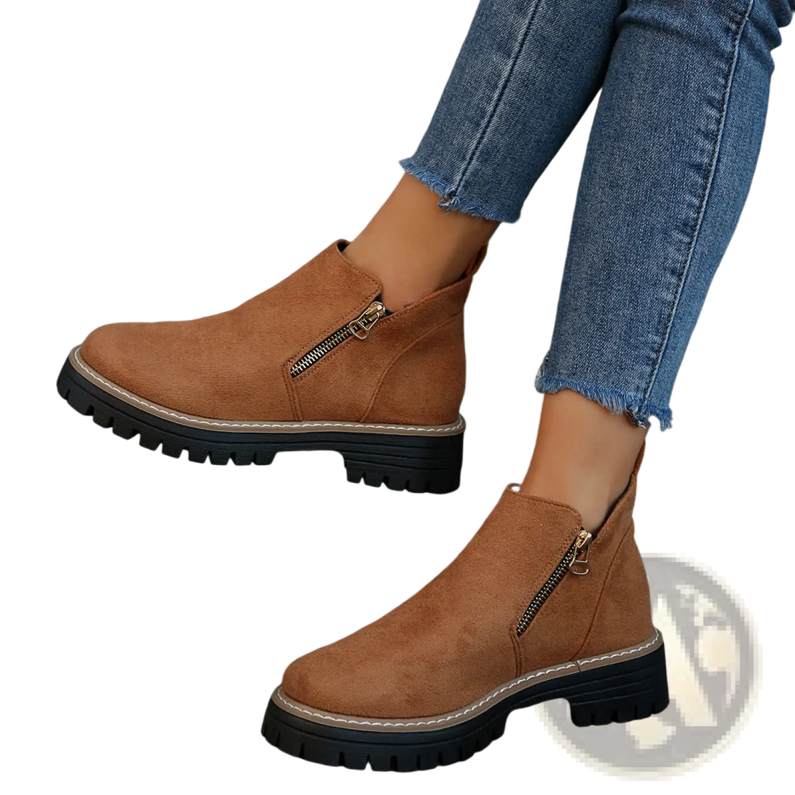 Tan suede ankle boots with chunky black rubber sole and gold side zipper accents for casual wear