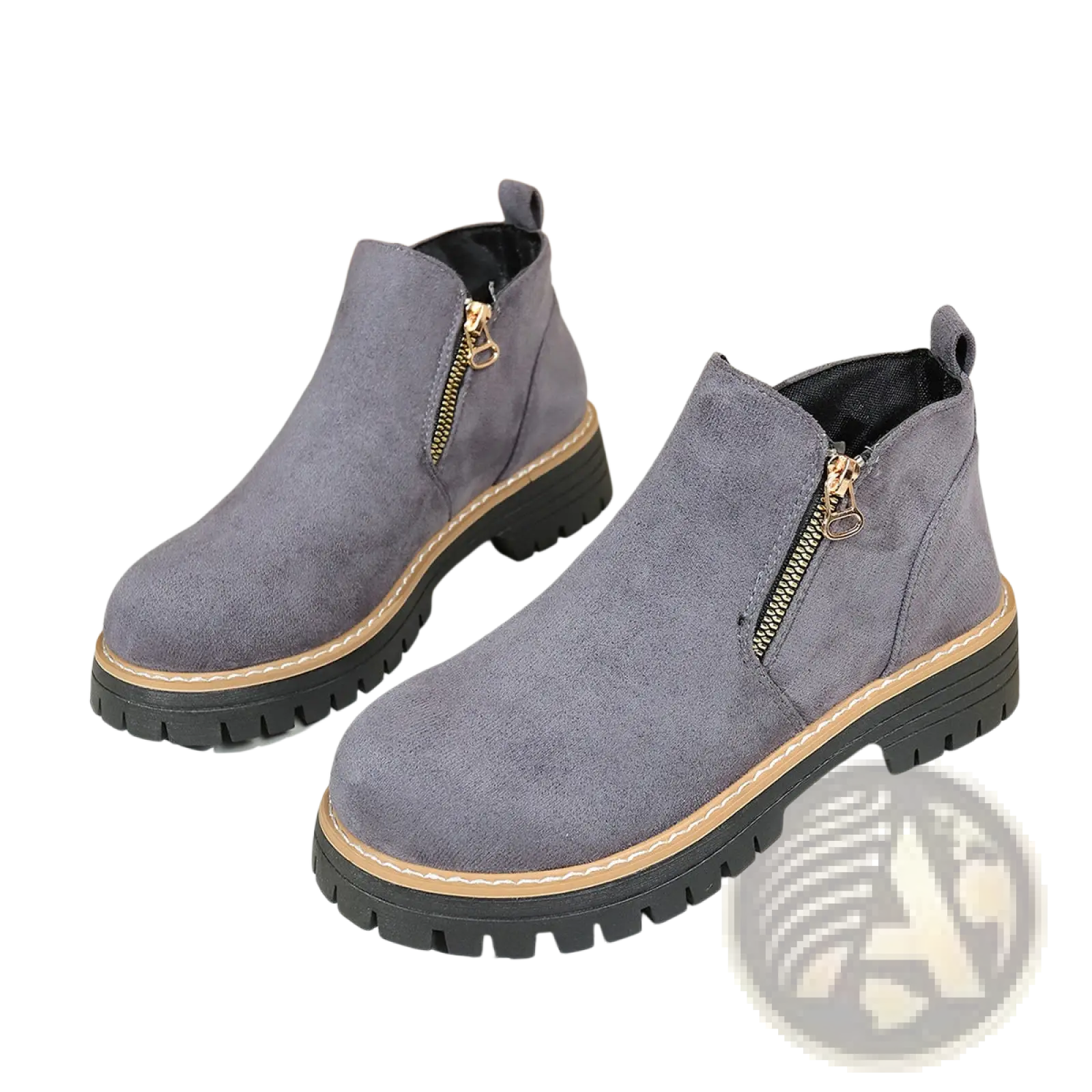 Gray suede ankle boots with a gold side zipper and chunky black rubber sole for stylish durable wear
