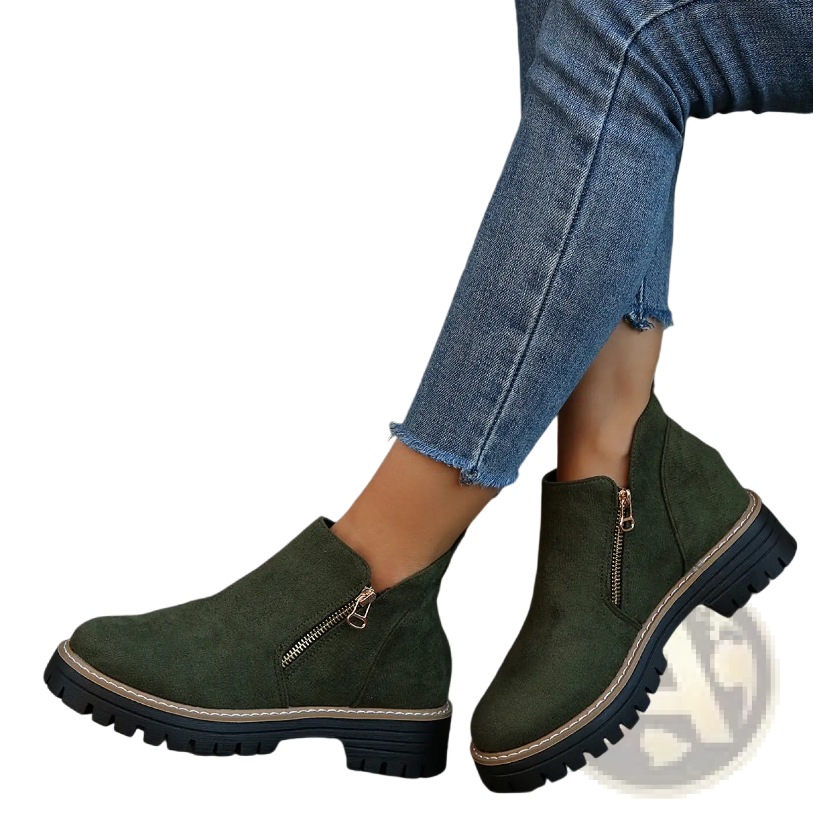Suede ankle boots in olive green with black rubber chunky sole and gold side zipper accents