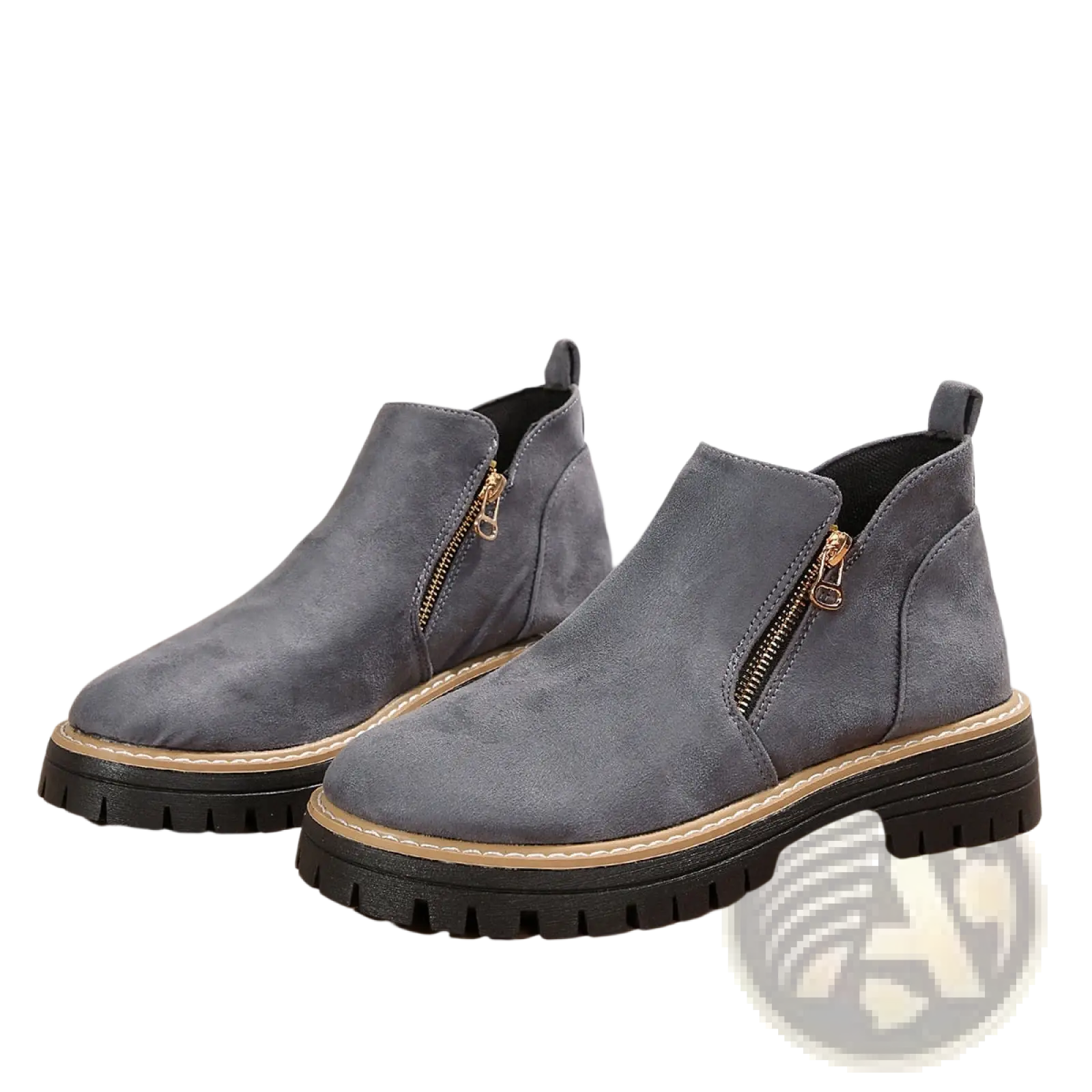 Suede ankle boots in gray with a chunky black rubber sole and gold-tone side zipper accents