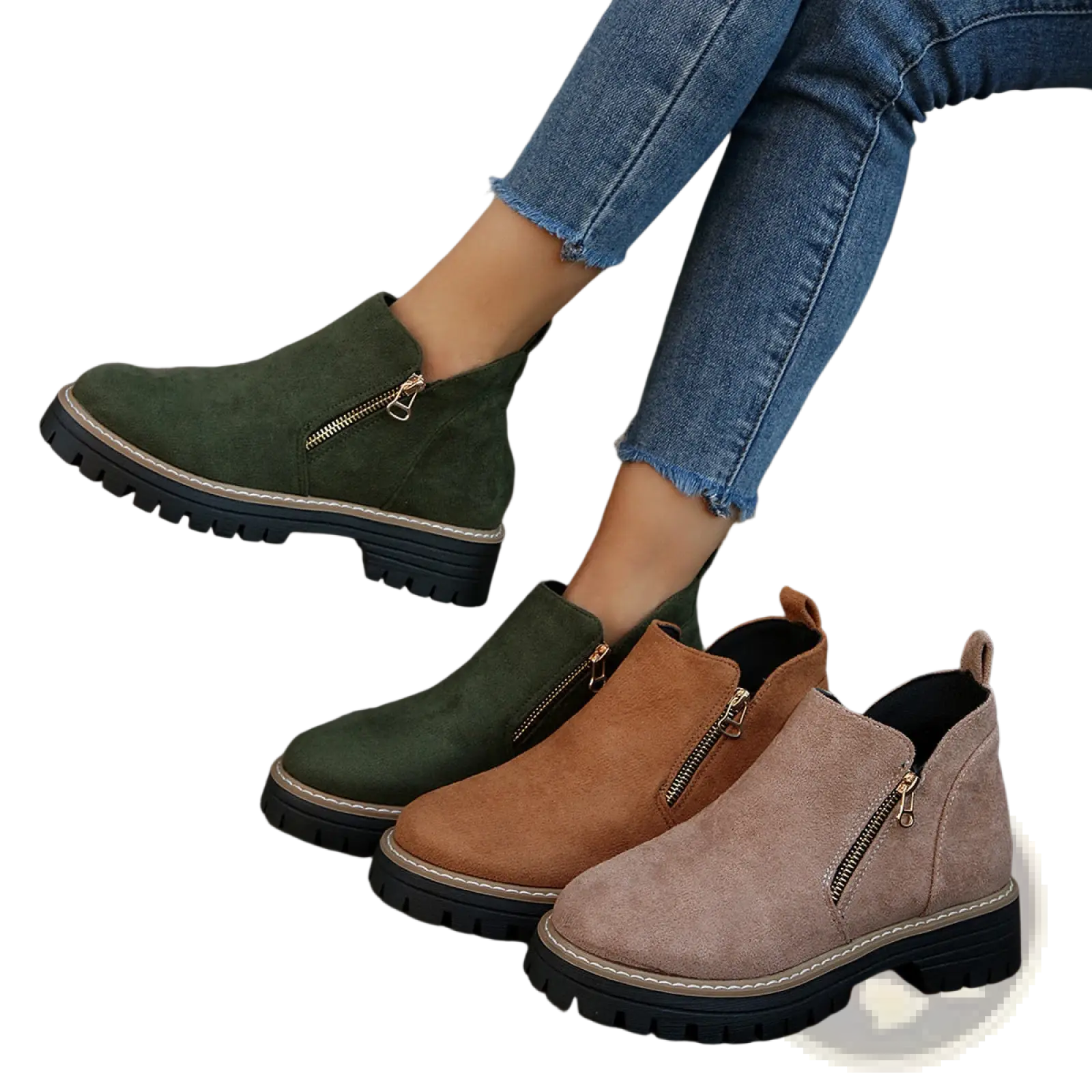 Olive green suede ankle boots with side zipper closure and black chunky rubber soles for casual wear