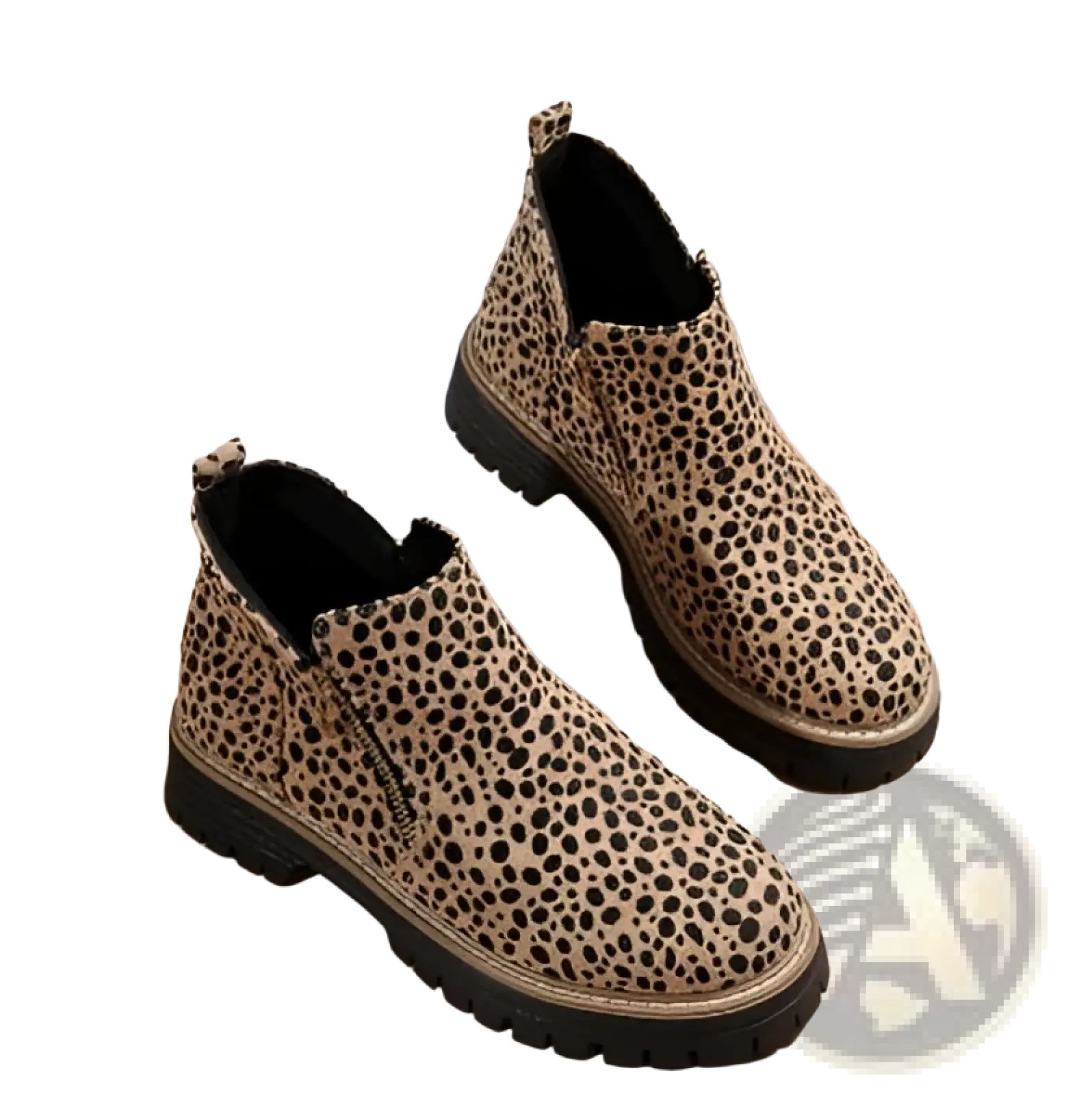 Suede ankle boots with chunky sole in tan and black leopard print featuring a side zipper closure