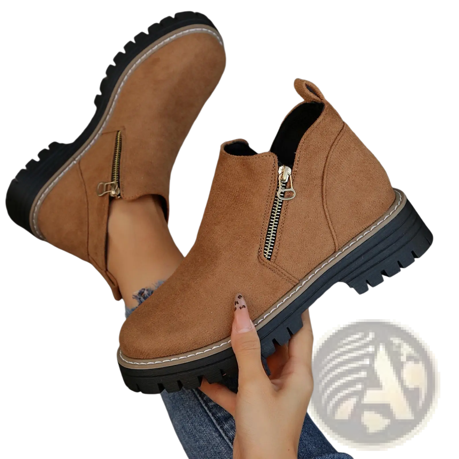 Suede ankle boots in tan with side gold zipper accents and a black chunky rubber sole for stylish wear
