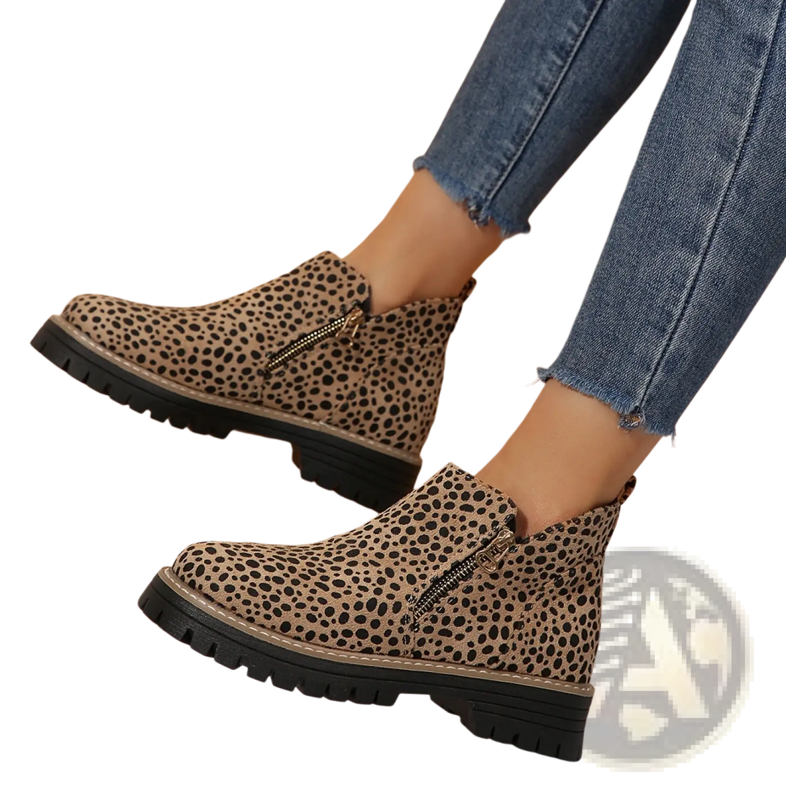 Suede ankle boots with tan and black leopard print featuring a side zipper and chunky rubber sole
