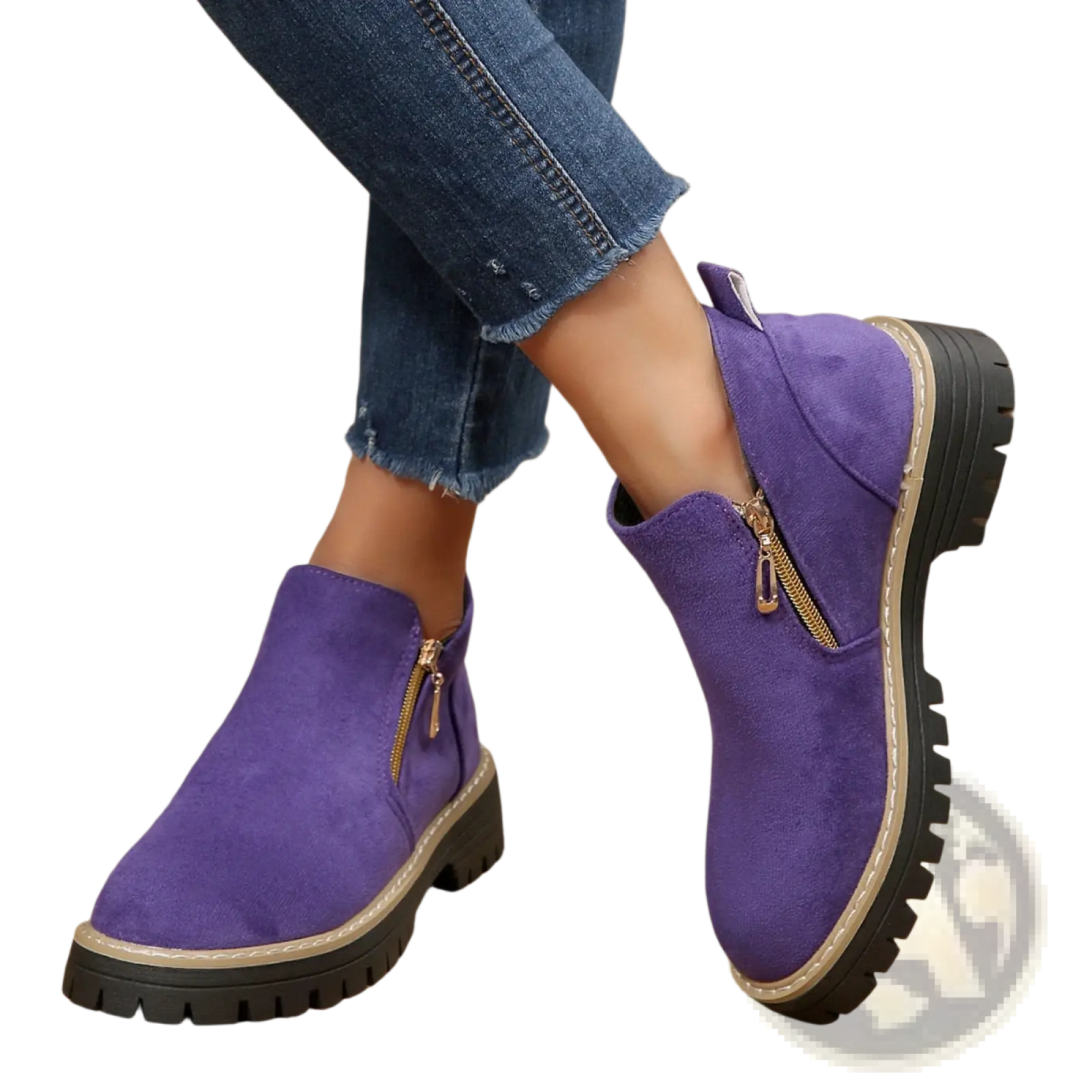 Purple suede ankle boots with gold side zipper and black chunky sole for stylish casual wear