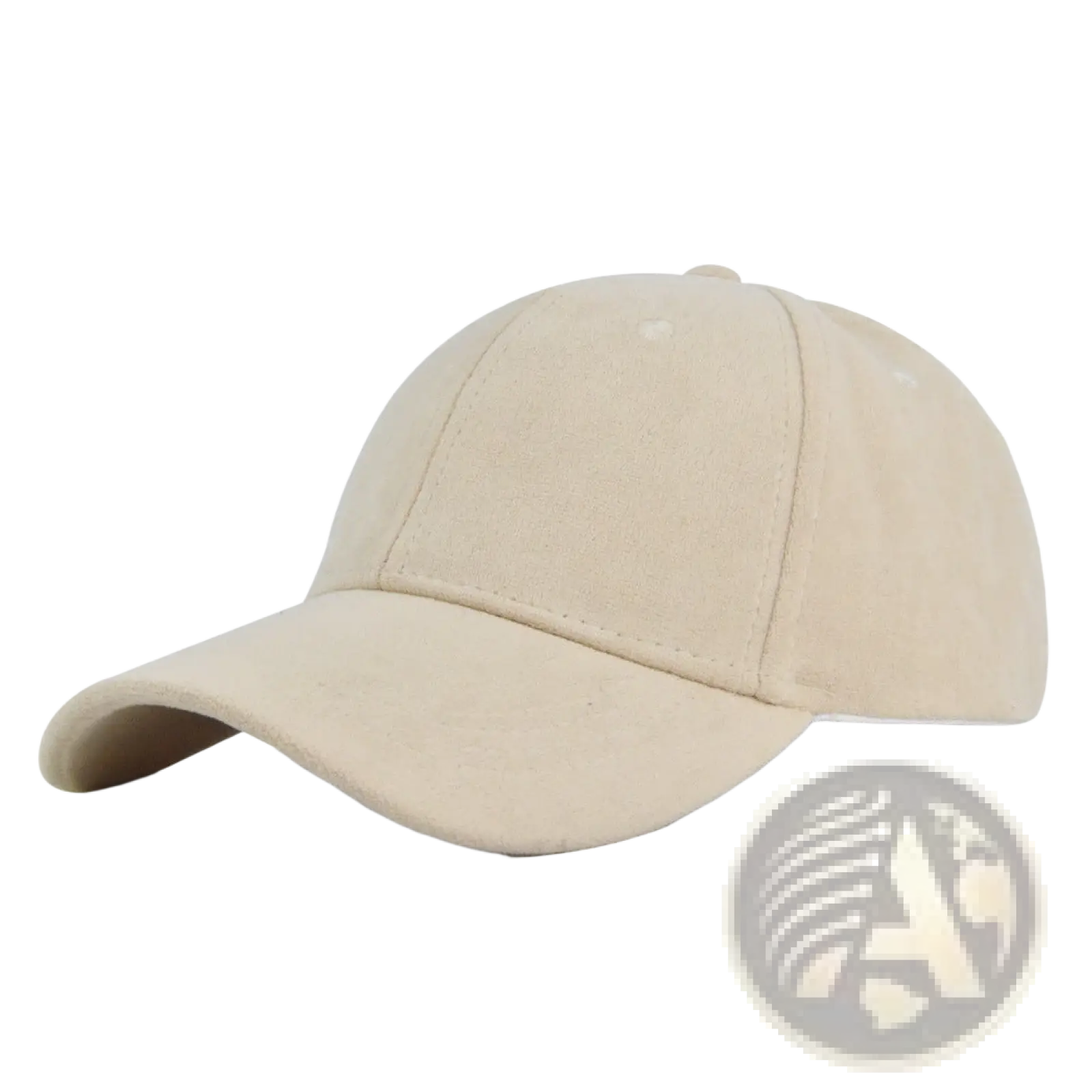 Beige suede baseball cap with curved brim and stitched paneling soft minimalist adjustable hat
