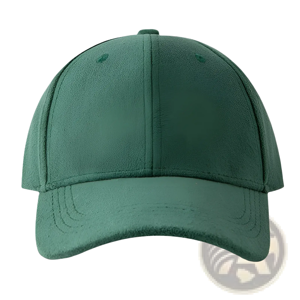 A dark green suede baseball cap with a structured crown and stitched brim, adjustable for a minimalist look