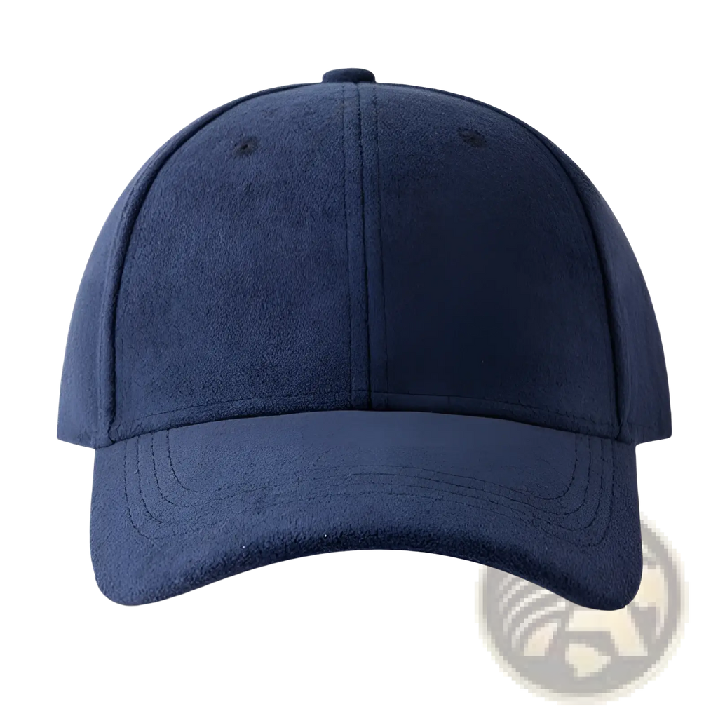 Navy blue suede baseball cap with structured crown curved brim and adjustable strap for a minimalist look