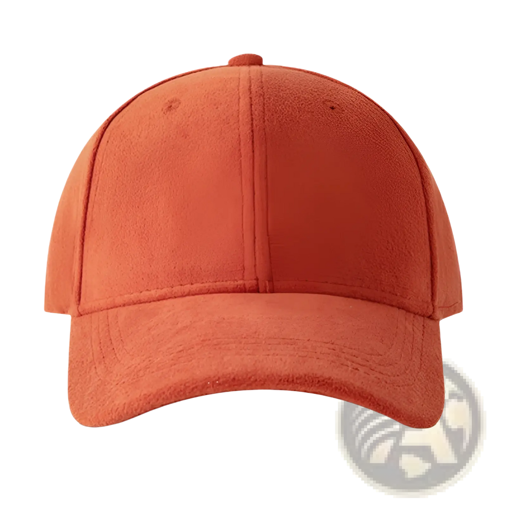 A rust-colored suede baseball cap with a structured crown and curved brim in a minimalist adjustable design