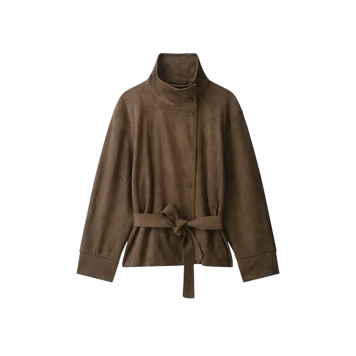 Brown suede belted trench coat for women with high collar front button closure and matching waist belt for autumn use