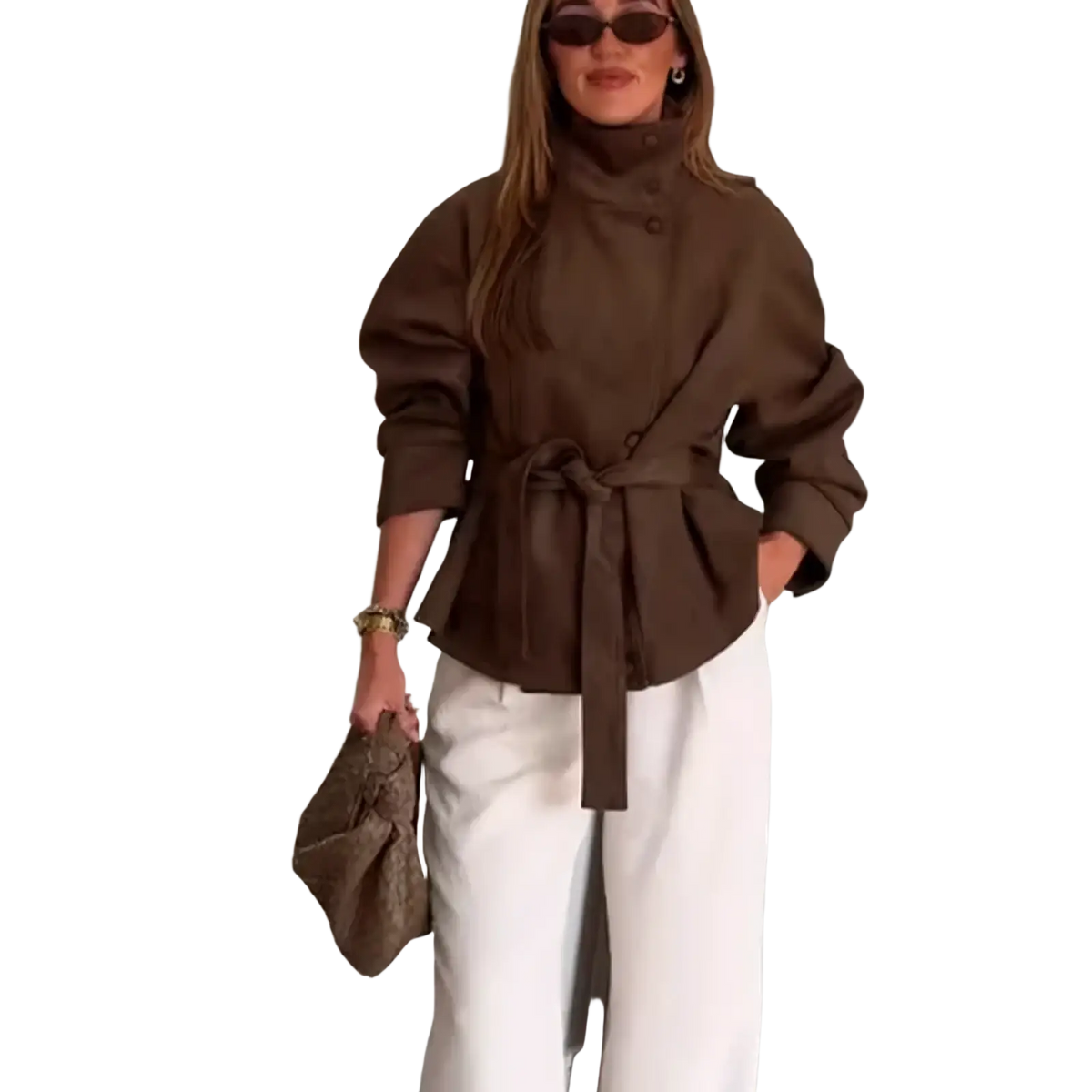 Brown belted suede trench coat for women with puffed sleeves and high collar ideal for autumn wear