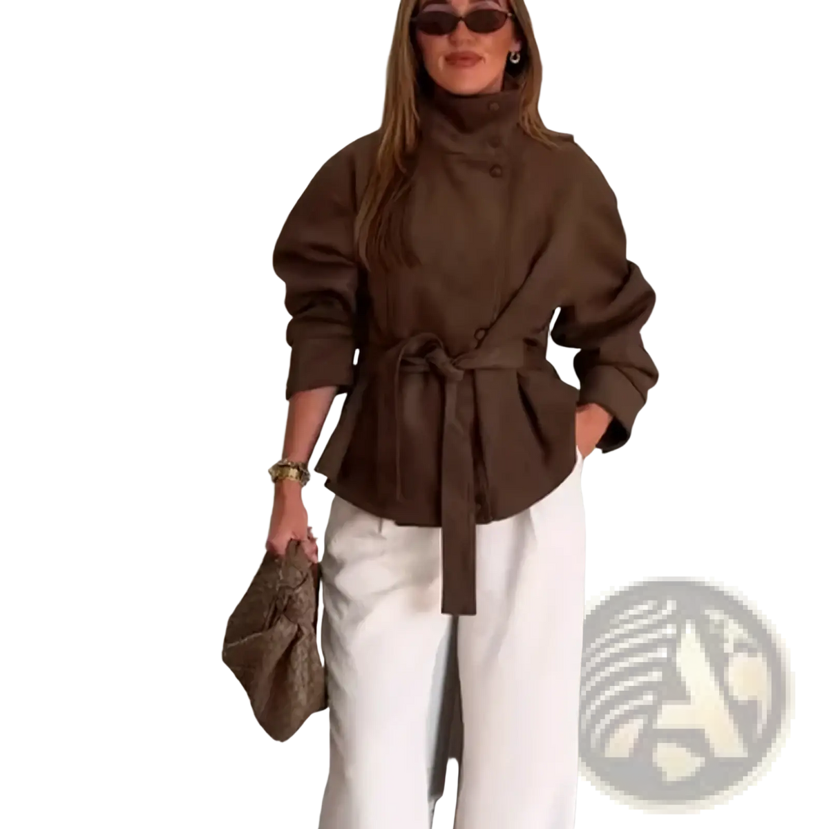 Brown belted suede trench coat for women with puffed sleeves and high collar ideal for autumn wear