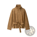 Tan suede belted trench coat for women with high collar front button closure and waist tie in brown autumn jacket style