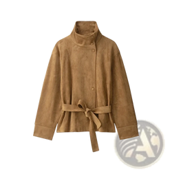 Tan suede belted trench coat for women with high collar front button closure and waist tie in brown autumn jacket style