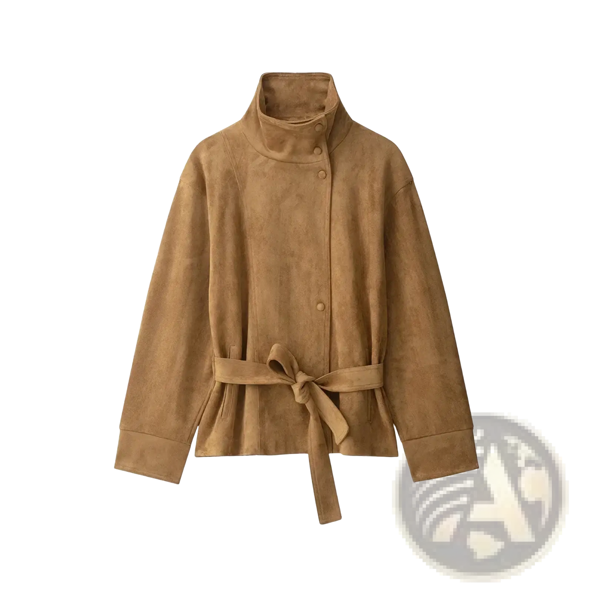 Tan suede belted trench coat for women with high collar front button closure and waist tie in brown autumn jacket style