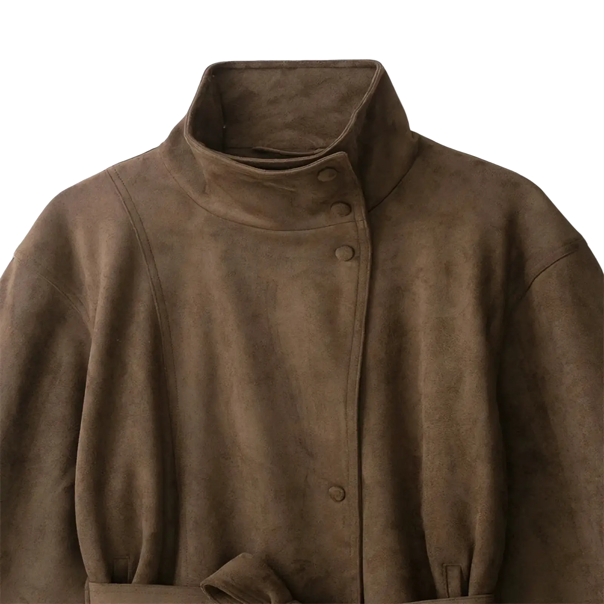 Brown suede belted trench coat for women featuring a high collar and button closure perfect for autumn wear