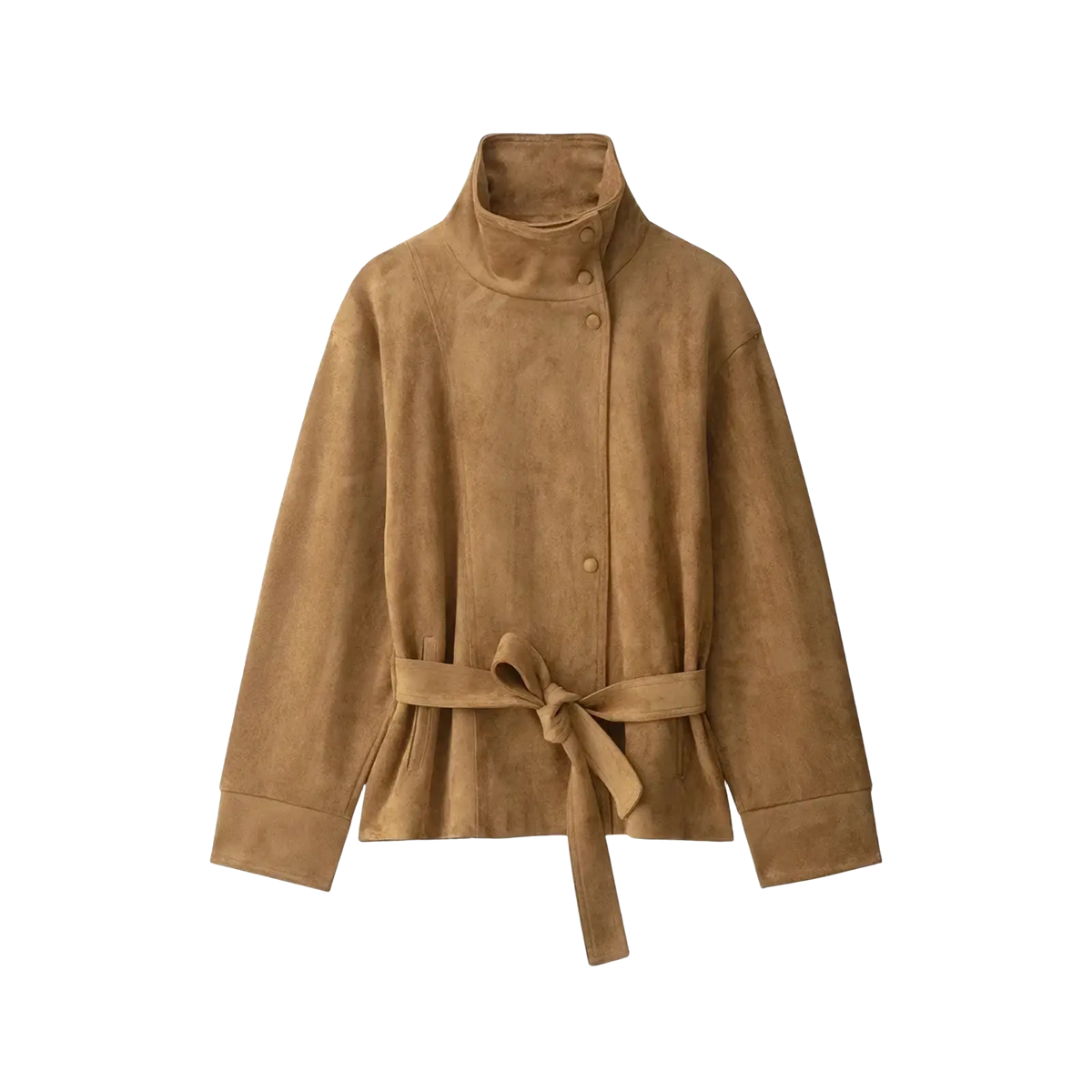 Tan suede belted trench coat for women with high collar front button closure and waist tie in brown autumn jacket style