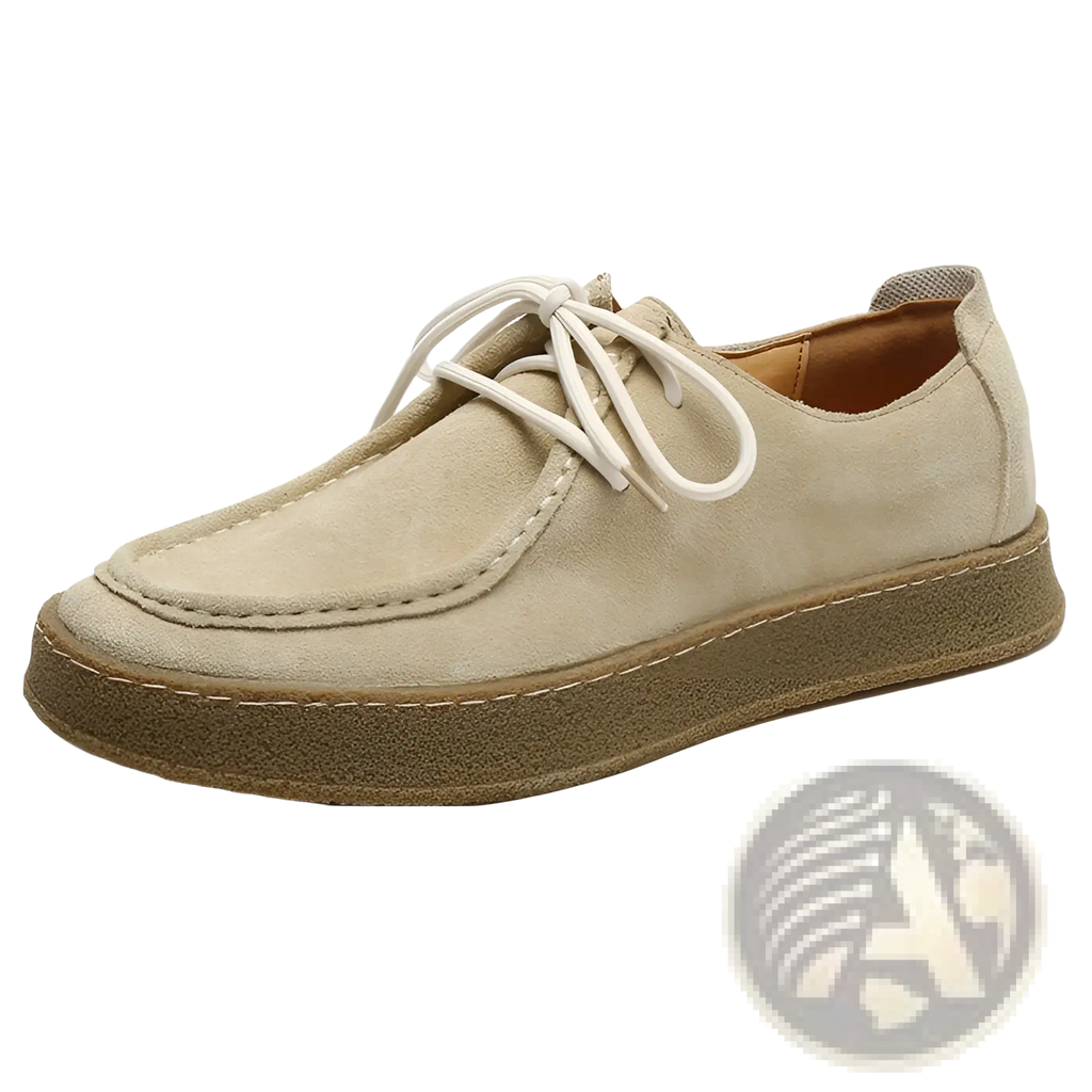 Beige suede British style casual lace up leather shoe with white laces and brown rubber sole