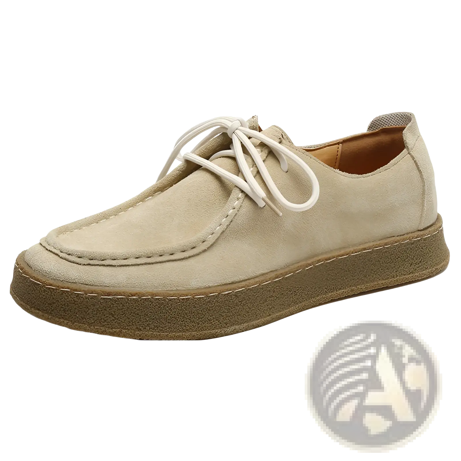Beige suede British style casual lace up leather shoe with white laces and brown rubber sole