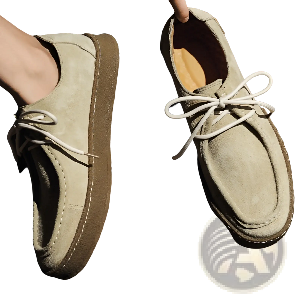 Beige suede British style casual lace up leather loafers with white laces and brown rubber sole