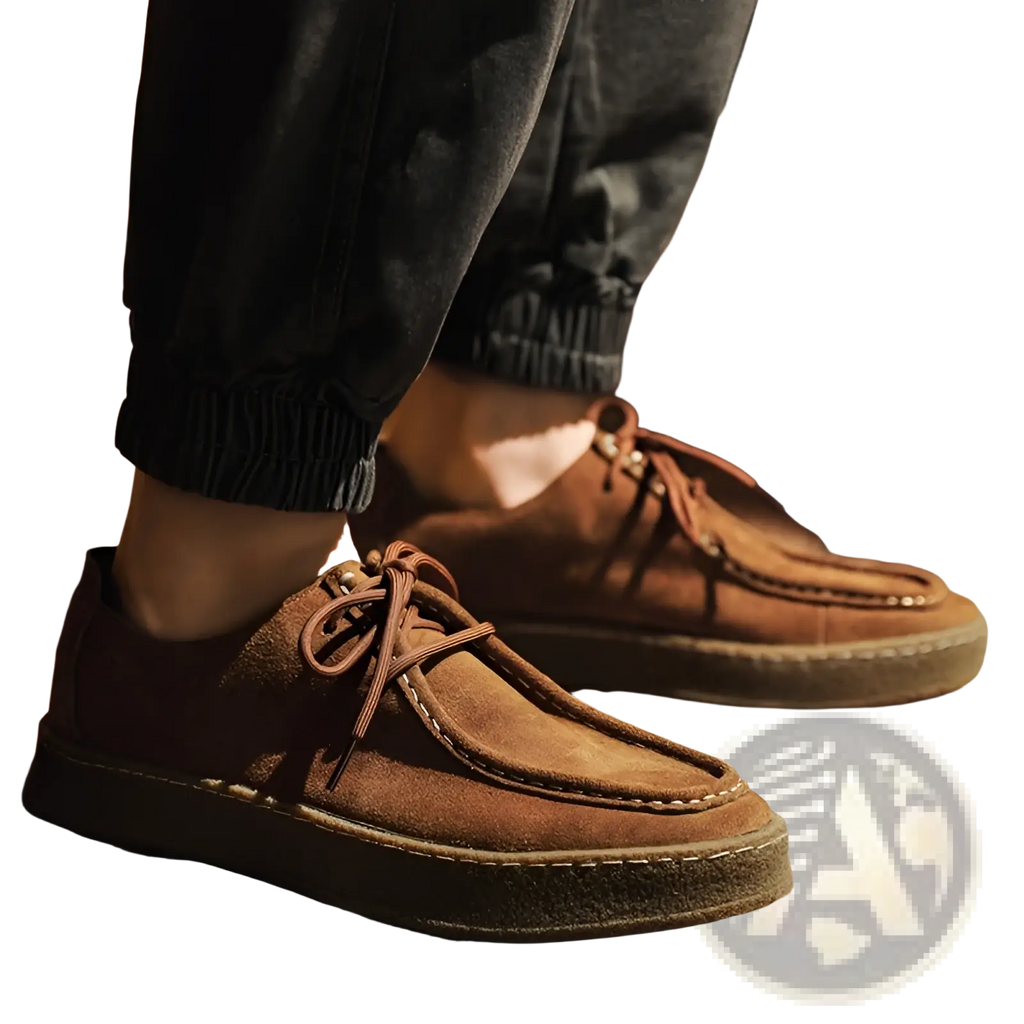 Brown suede British style casual lace up leather shoes with thick rubber sole and visible stitching details