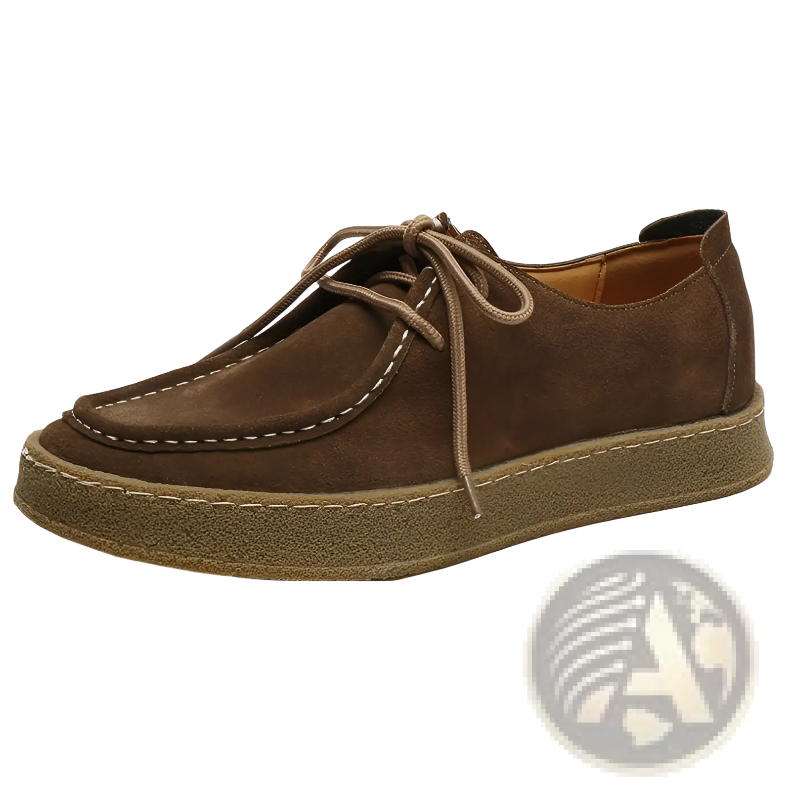 Brown suede British style casual lace up leather shoe with matching laces and tan rubber sole viewed from the back
