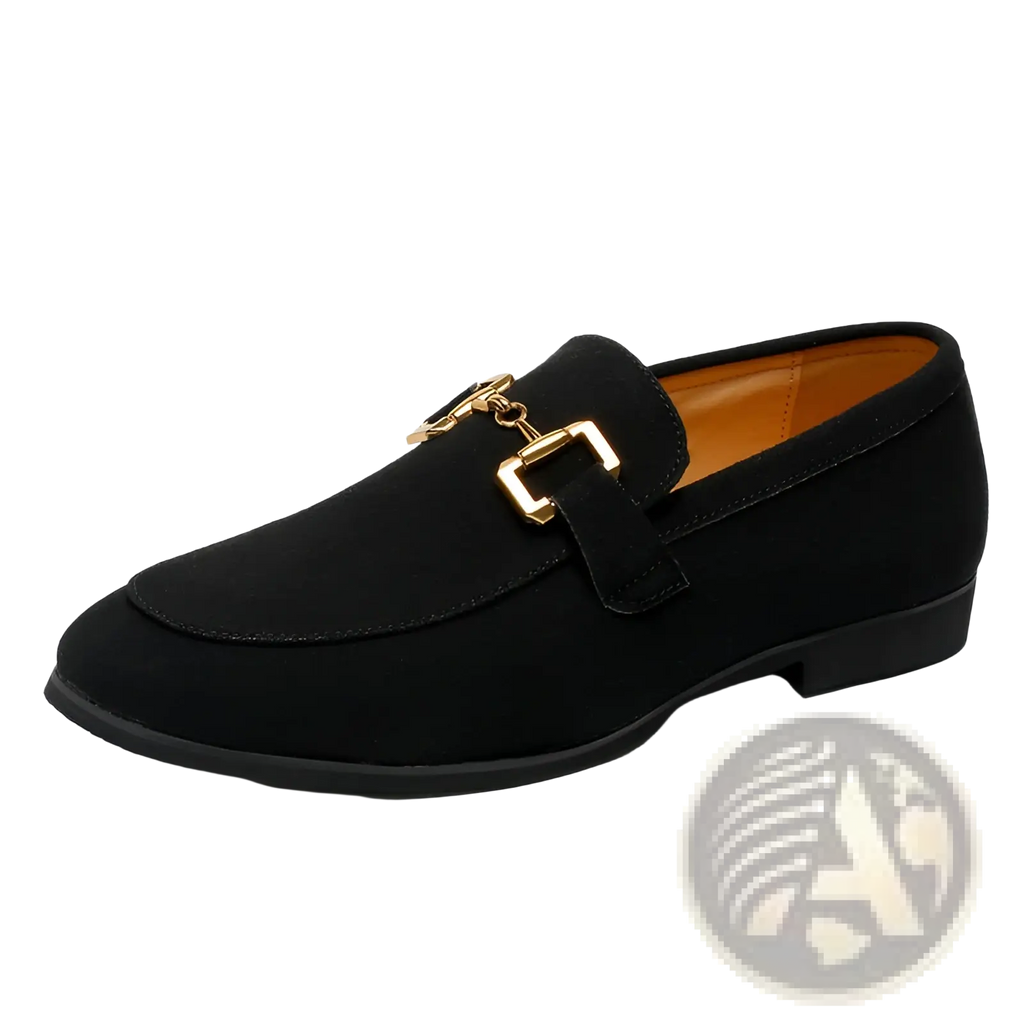 Black suede loafers for men featuring a gold-tone metal buckle and chain detail in black color