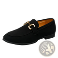 Black suede loafers for men featuring a gold-tone metal buckle and chain detail in black color