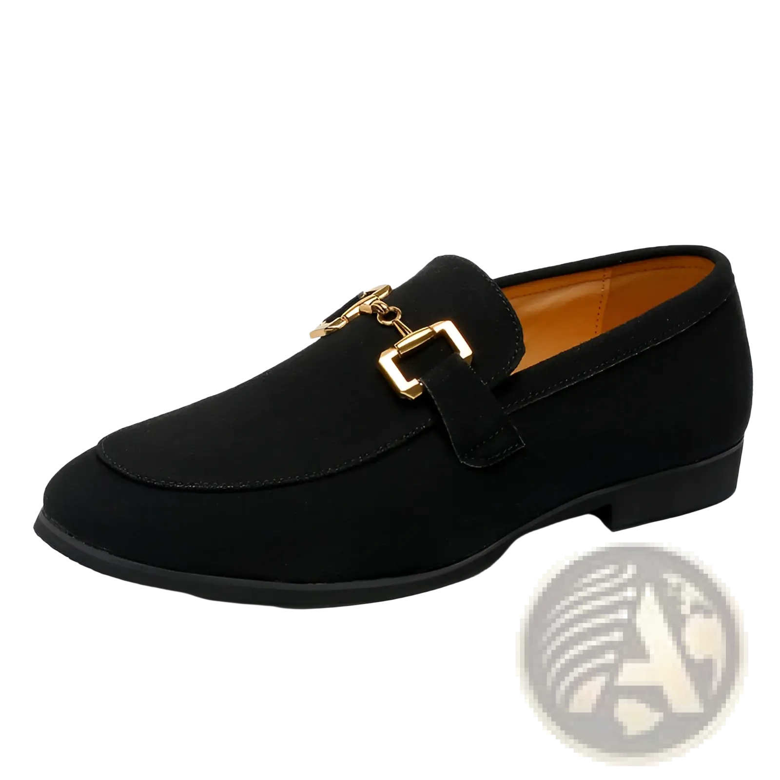 Black suede loafers for men featuring a gold-tone metal buckle and chain detail in black color