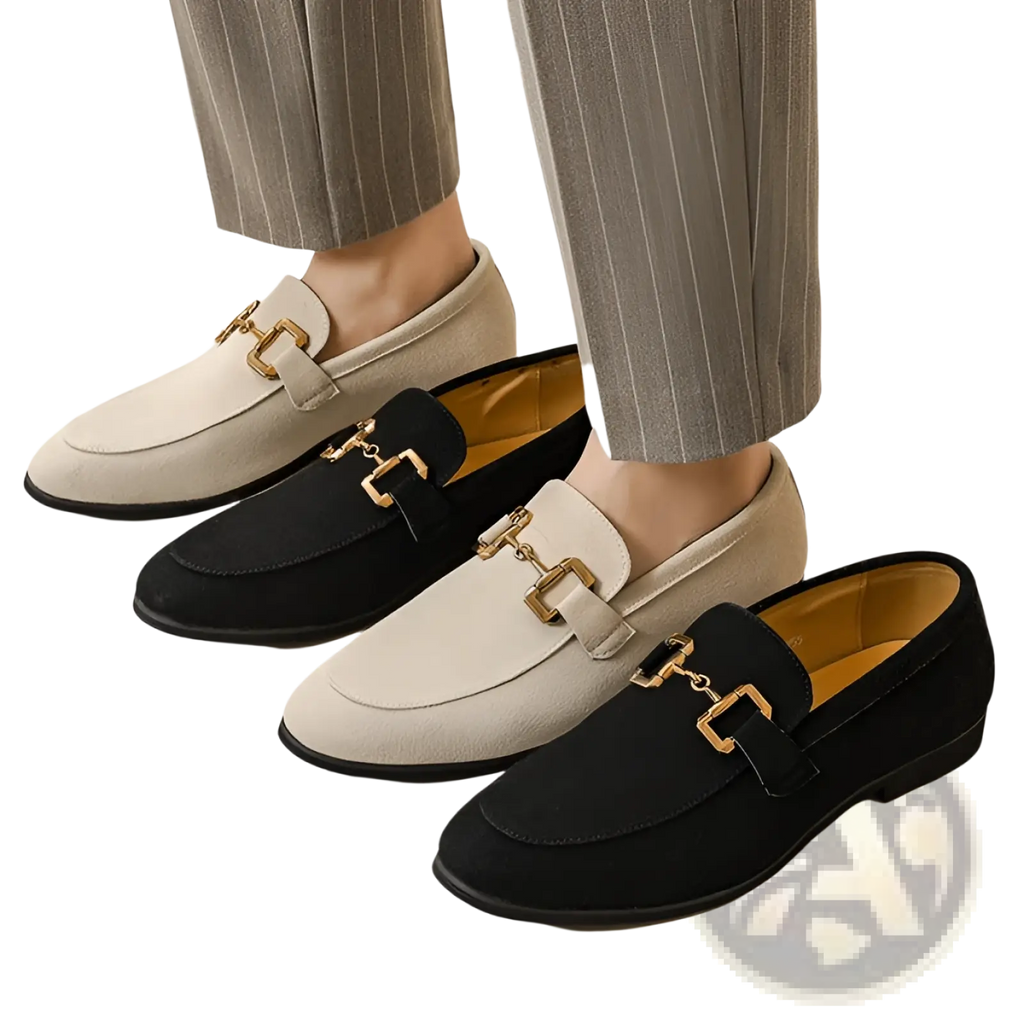 Suede buckle loafers for men in black and khaki featuring gold-tone horsebit buckles and suede material
