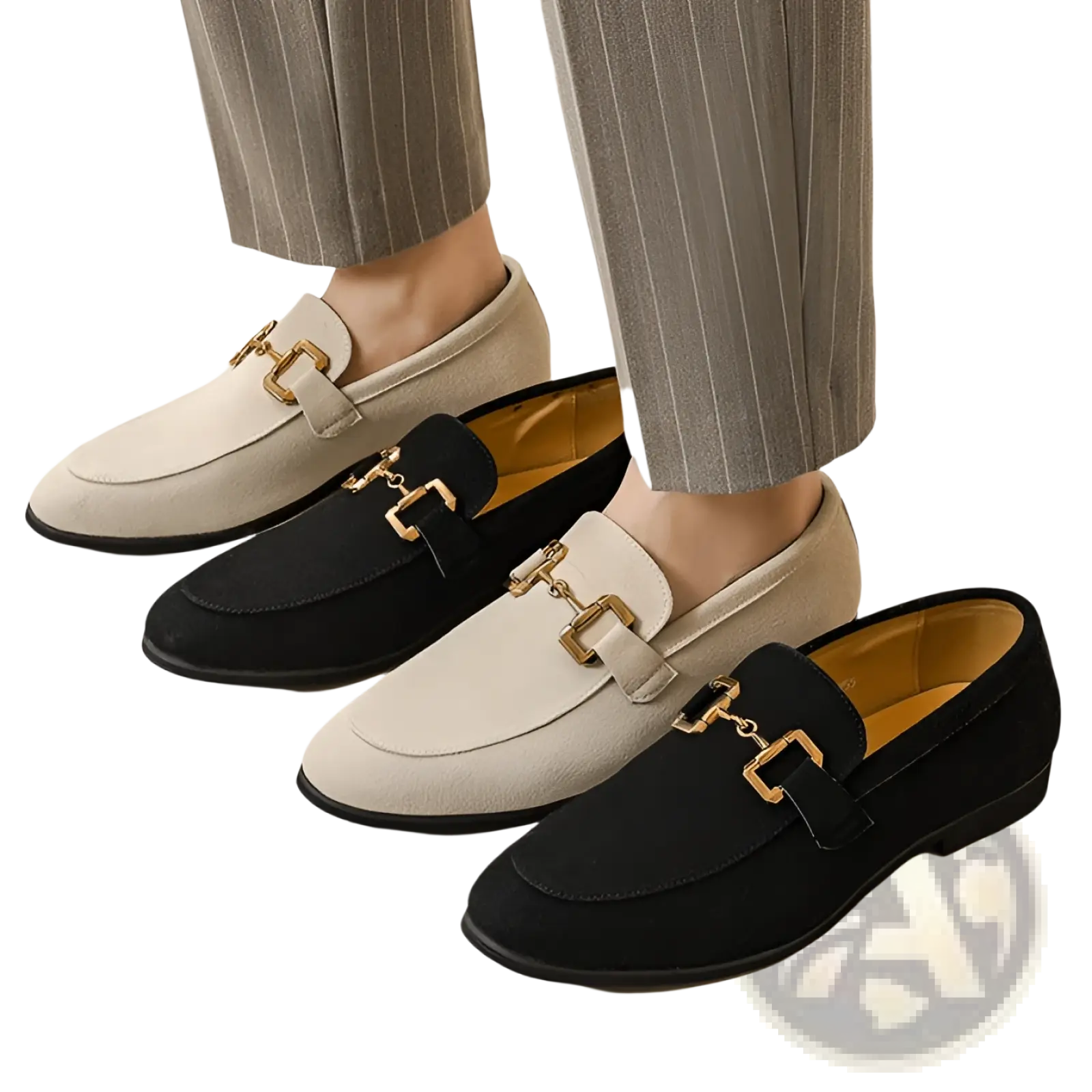 Suede buckle loafers for men in black and khaki featuring gold-tone horsebit buckles and suede material