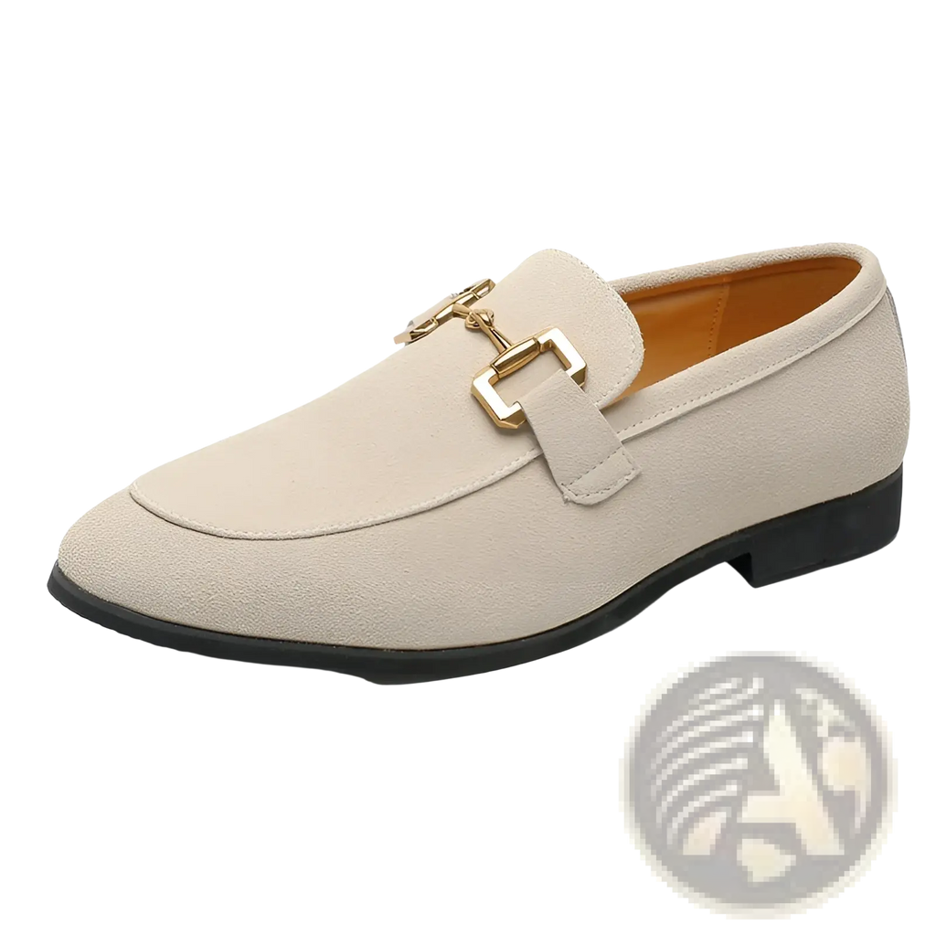 Beige suede buckle loafer for men with gold-tone horsebit and black rubber sole in khaki and black colors