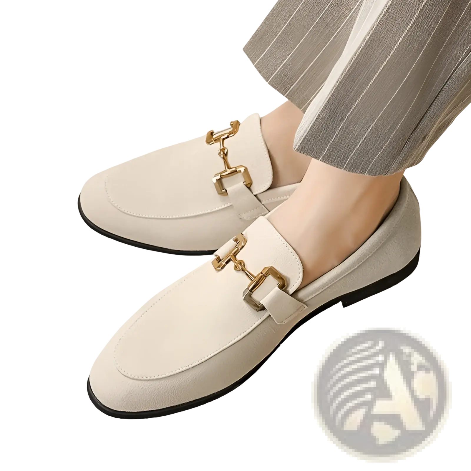 Cream-colored suede buckle loafers for men with gold-tone horsebit buckles and black soles in khaki and black