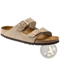 Beige suede birkenstock arizona sandals with rose gold-tone adjustable buckles and cork footbed