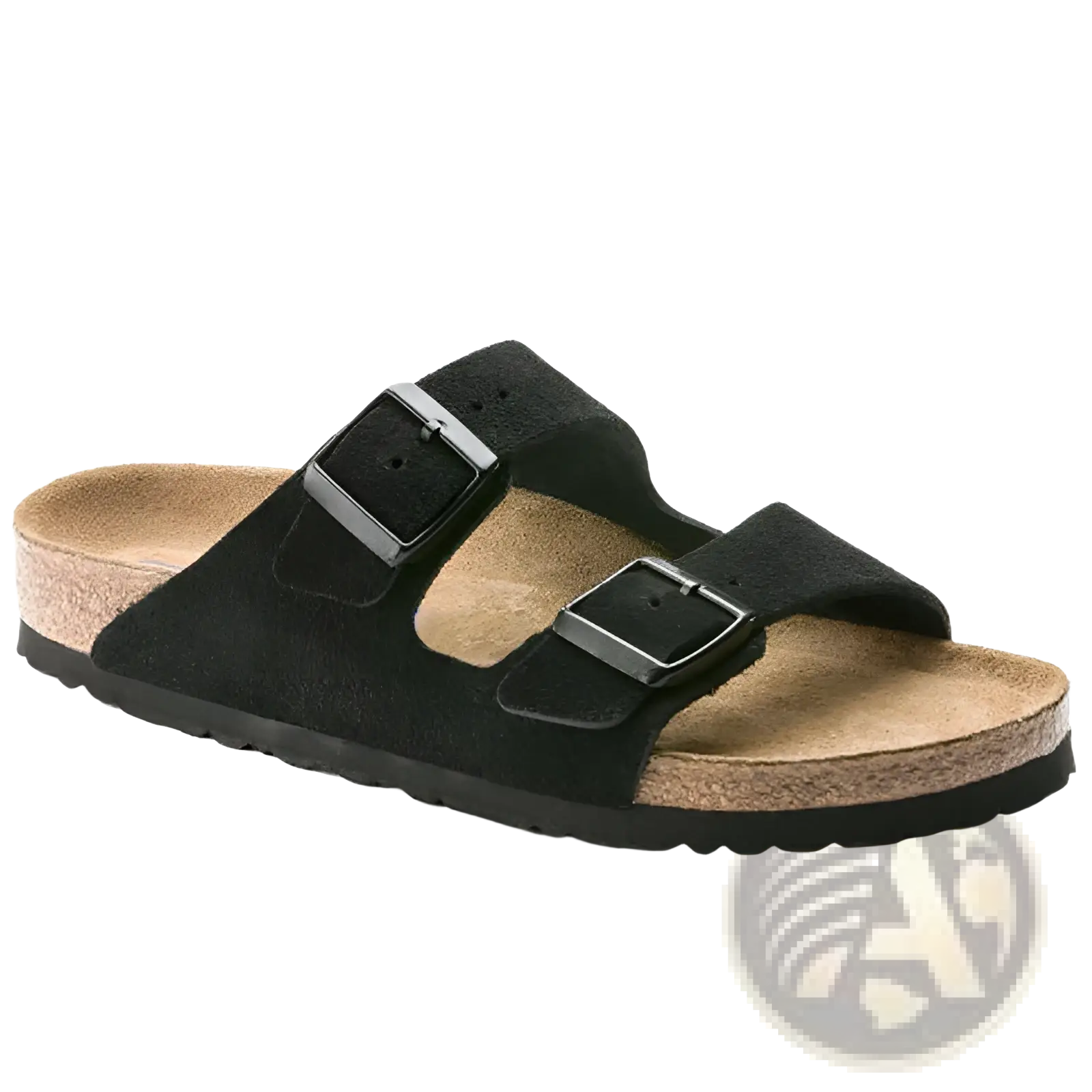 Black suede birkenstock arizona sandals with adjustable silver buckle straps and cork footbed for comfortable wear