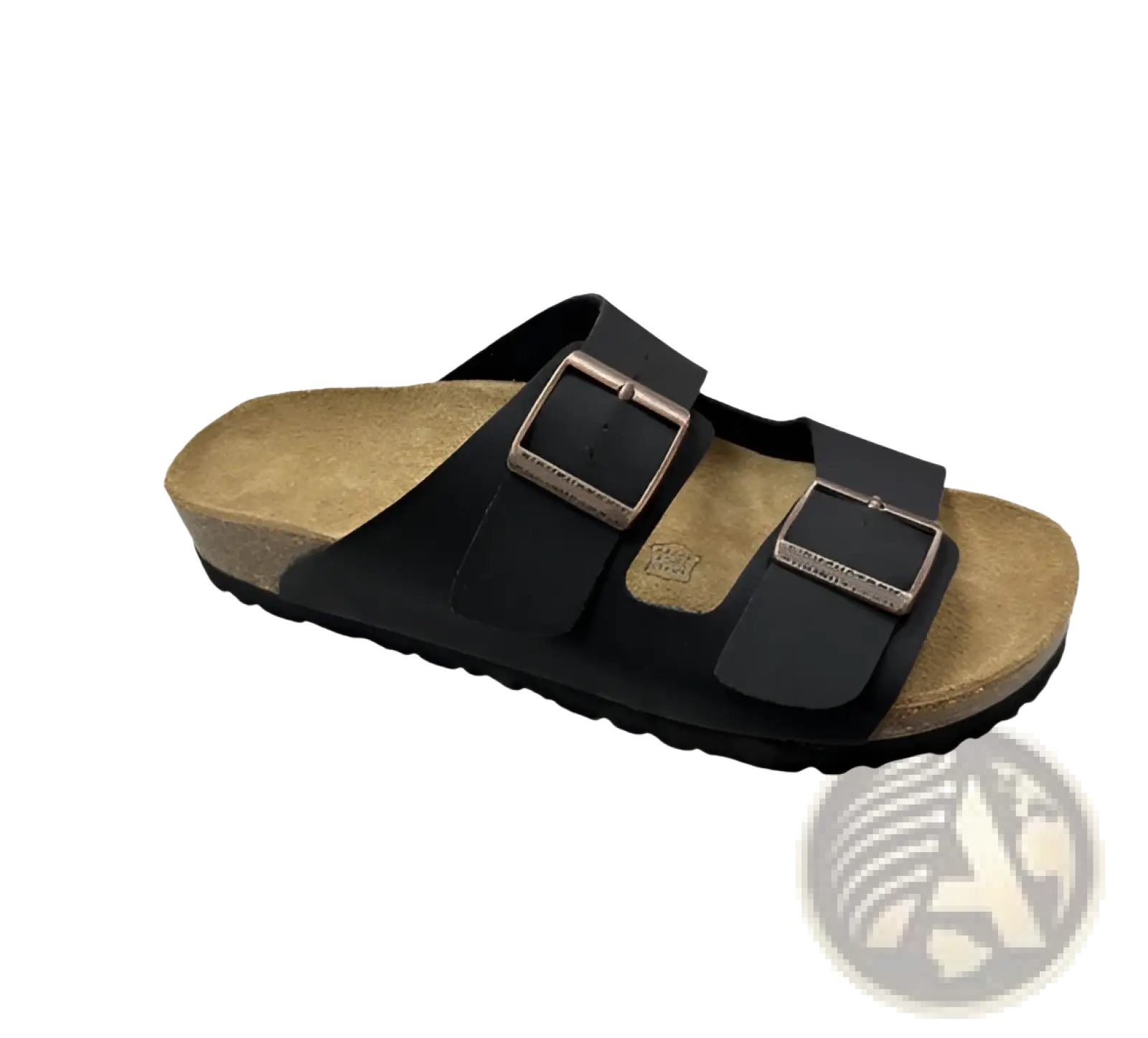Black leather suede cork footbed sandal with two silver-toned adjustable buckle straps and cork footbed