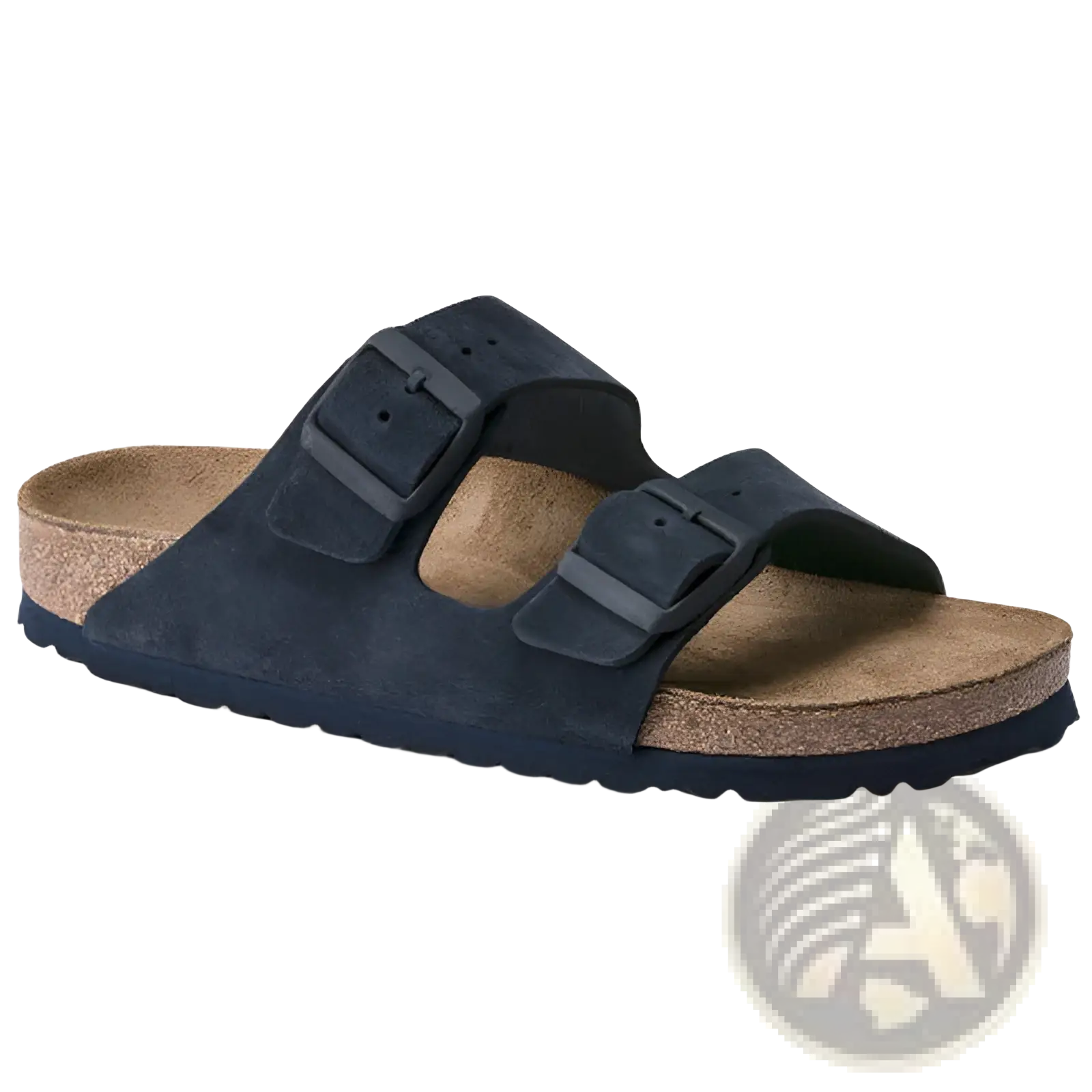 Navy blue suede birkenstock arizona sandals with adjustable buckles and a cork footbed for comfortable wear