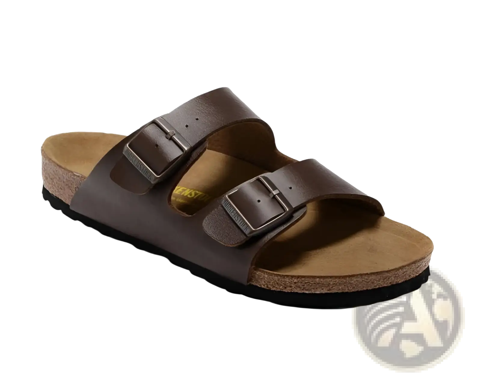 Brown leather birkenstock sandal with suede cork footbed and two adjustable buckle straps shown from the back side