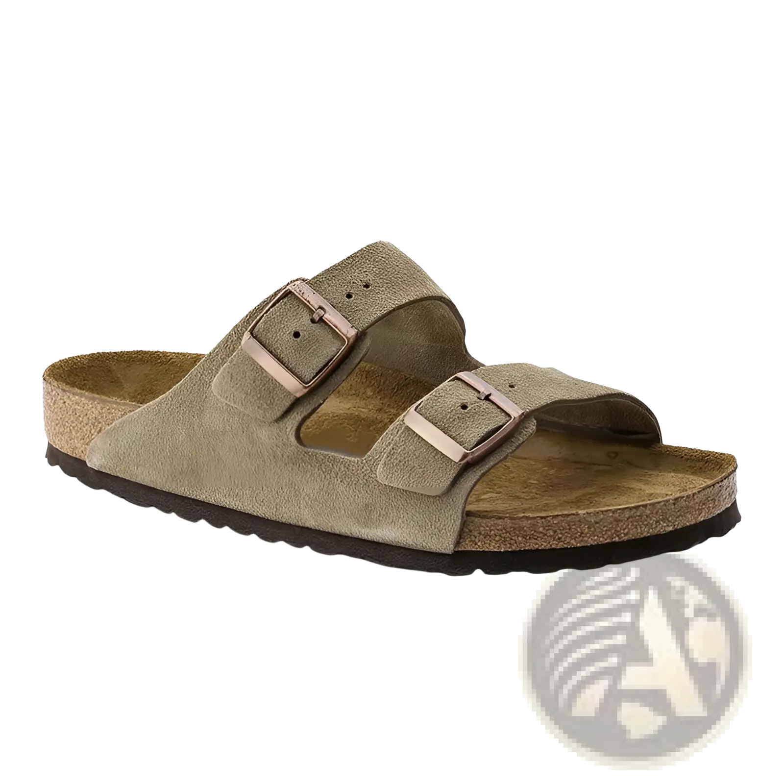 Olive green suede birkenstock arizona sandals with rose gold-tone adjustable buckles and cork footbed