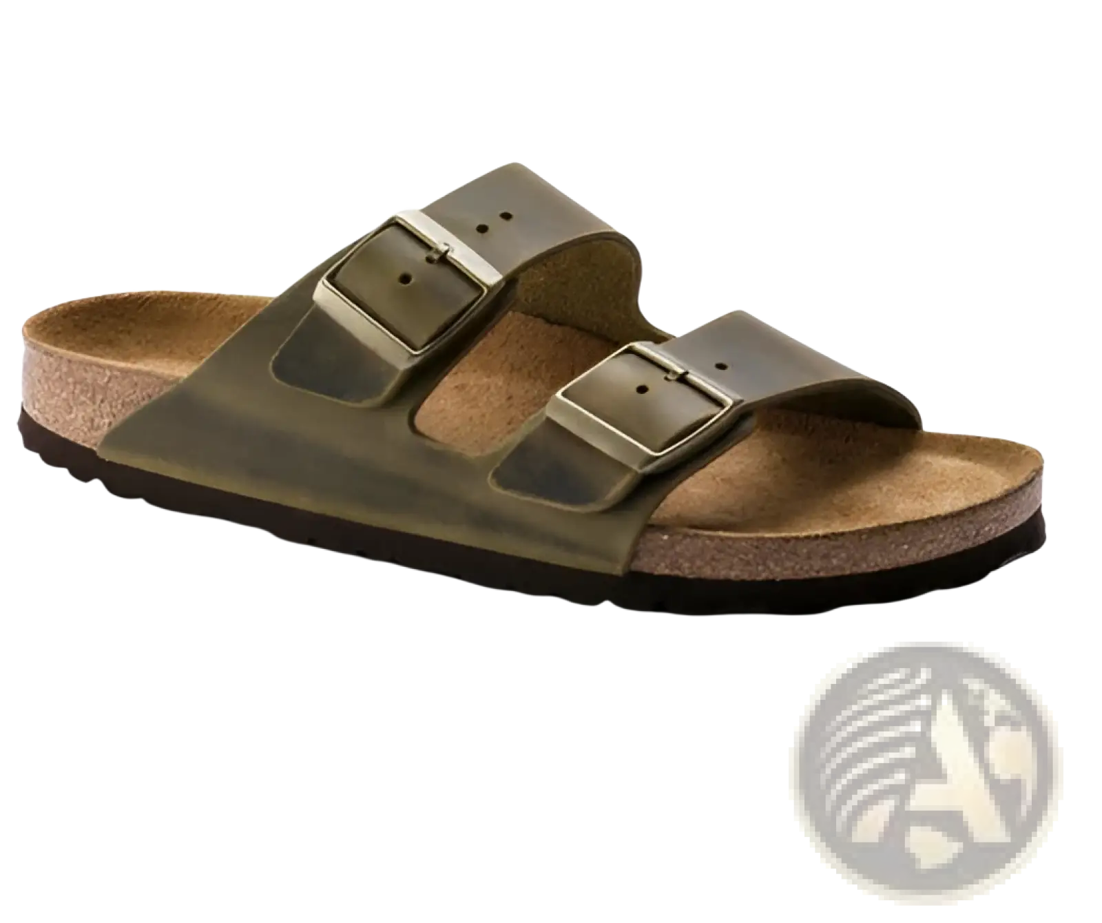 Olive green leather birkenstock arizona suede cork footbed sandals with two adjustable buckle straps