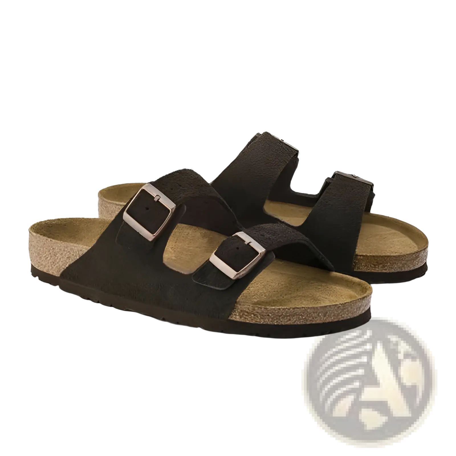Dark brown suede birkenstock arizona sandals with adjustable silver buckle straps and cork footbed