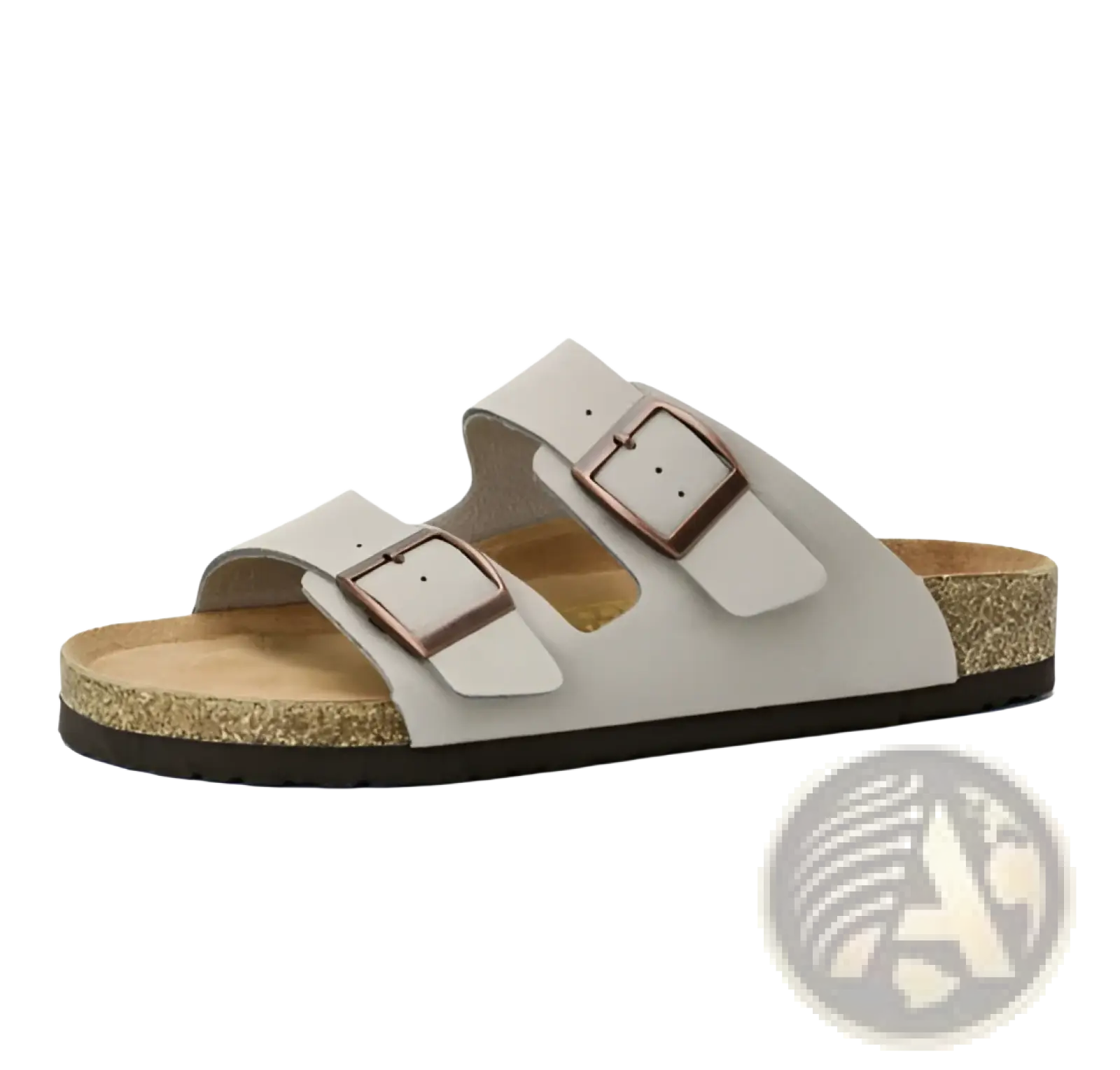 Light gray suede two-strap sandals with adjustable metallic bronze buckles and a cork footbed sole