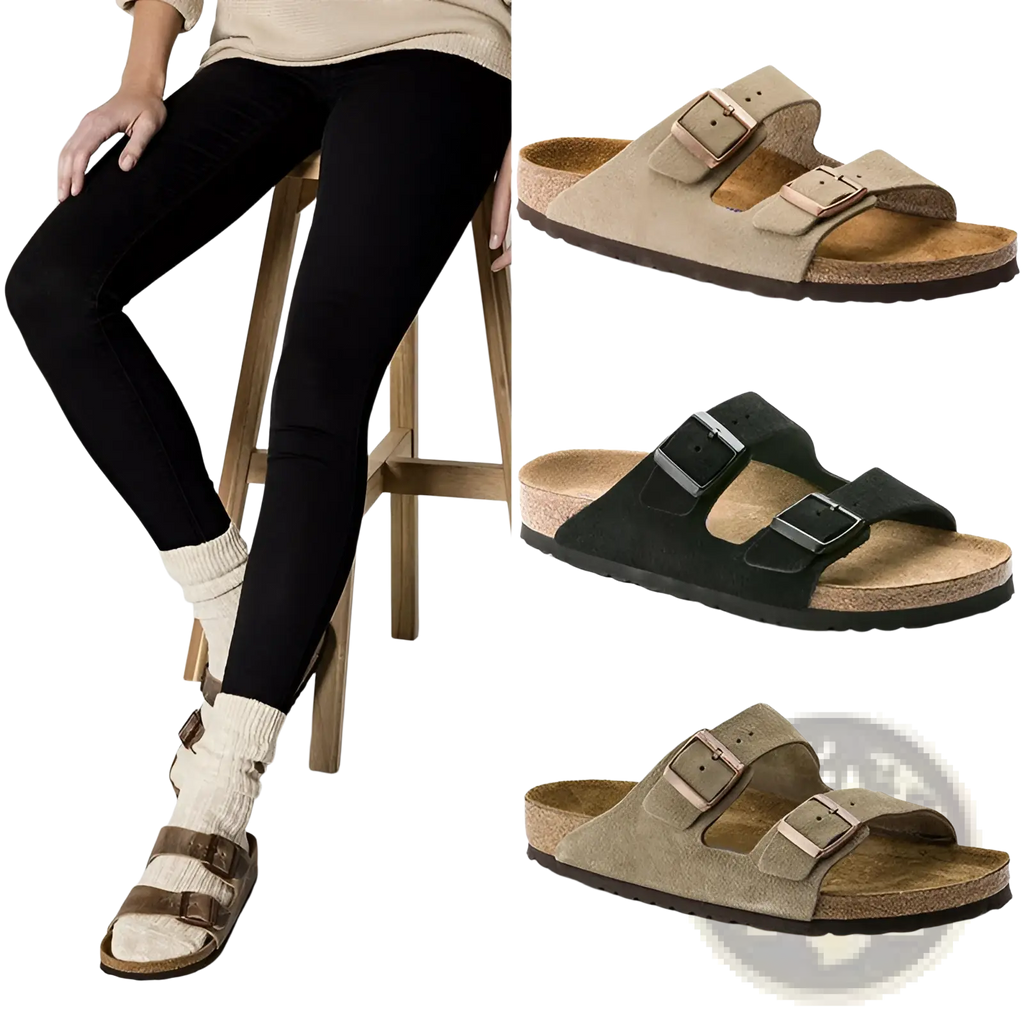 Beige suede birkenstock arizona sandals with two adjustable buckles and a cork footbed for comfortable wear